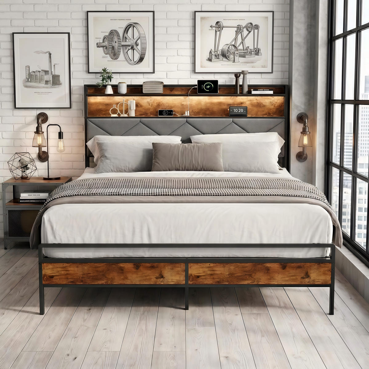 POLSTERBETT 140x200 cm mit LED-Kopfteil und USB-Anschlüssen - Gestell aus Metall und Walnussholz, Lattenrost, Jugendbett - Naturfarben, Holzwerkstoff (140/200cm) - Brevoria