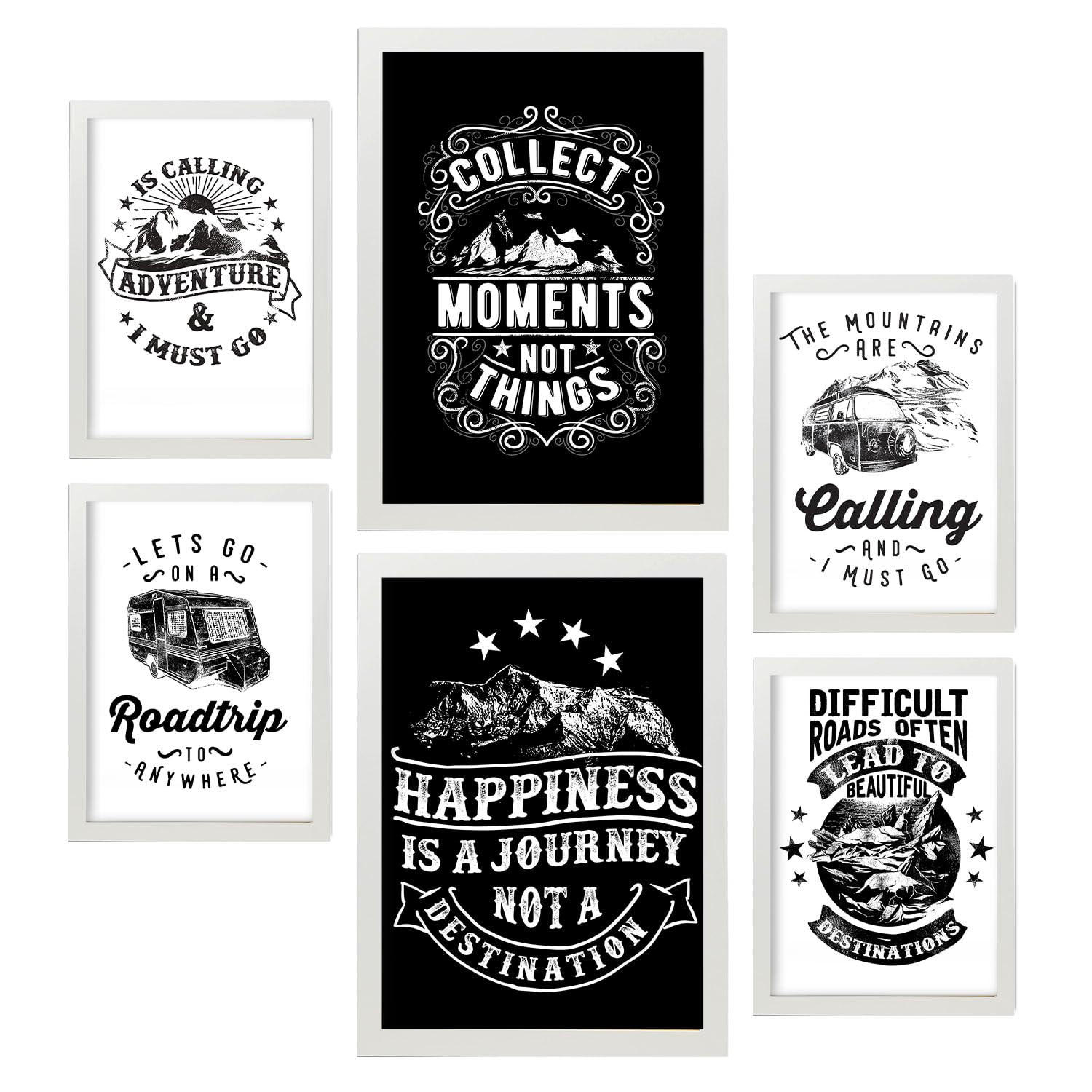 POSTER Set Mit 6 Abenteuer In Rustikale Zitate A3 & A4 Weißer Rahmen - Weiß, Papier (29/3cm) - Nacnic