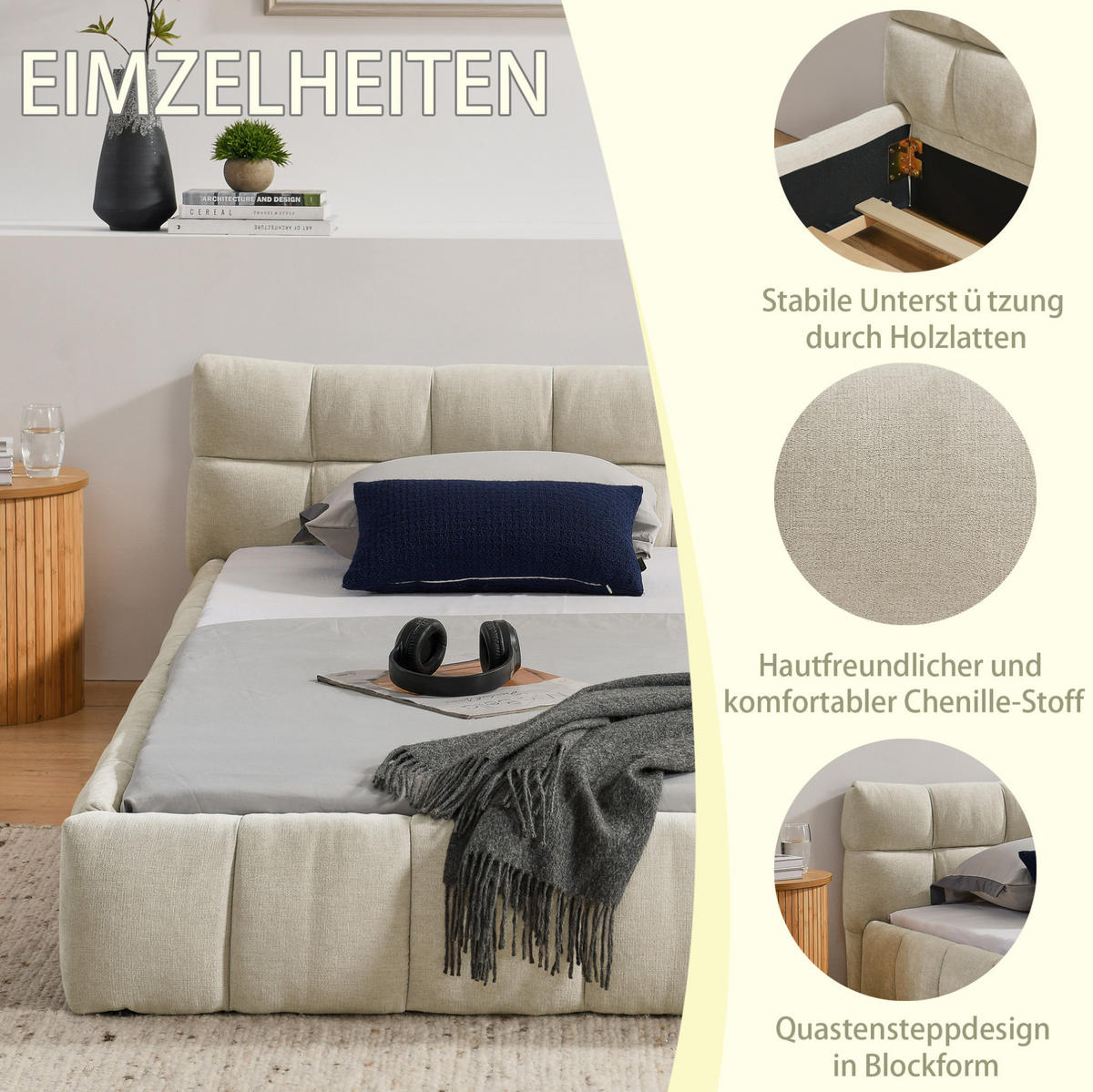 KINDERBETT Polsterbett 90/200 cm aus Chenille mit quadratischem Steppdesign Beige - Beige, Kunststoff (90/200cm) - Modenvie
