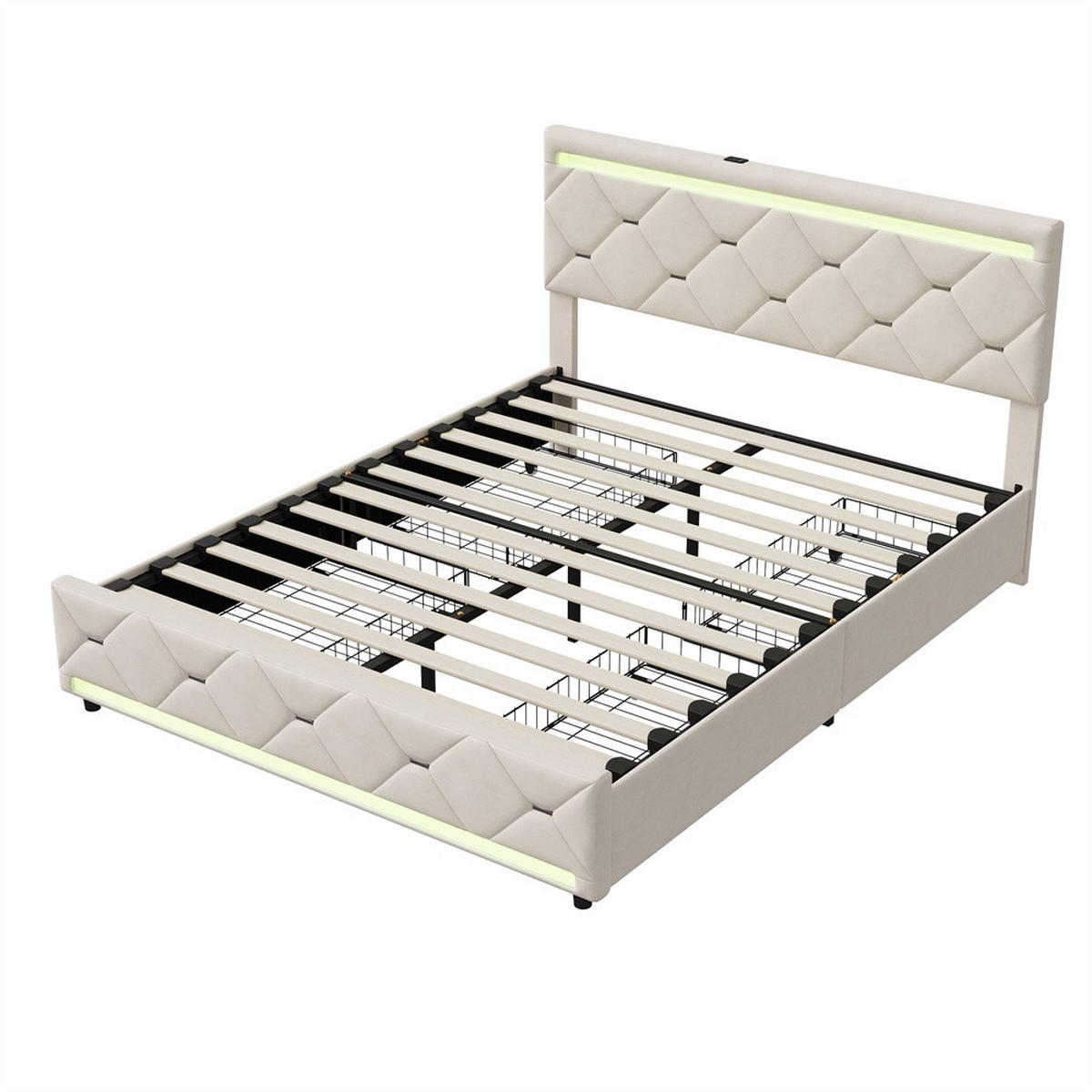 POLSTERBETT 140x200 cm - Doppelbett mit 4 Schubladen und LED-Beleuchtung an Kopfteil und Fußteil - ohne Matratze - Beige, Textil (140/200cm) - DELFA