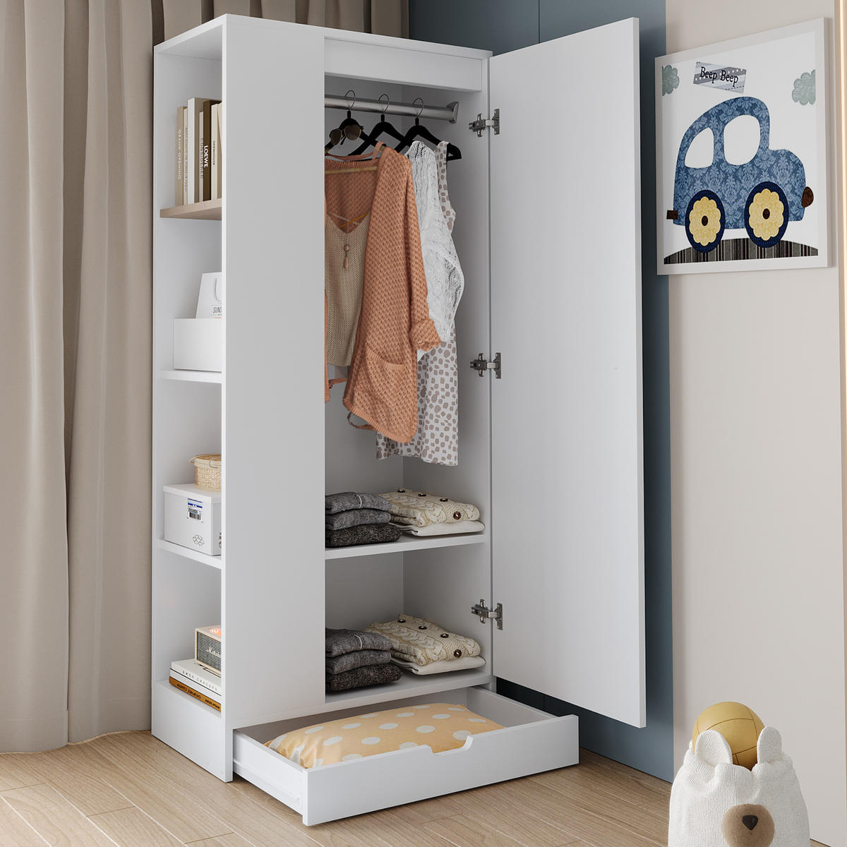 KLEIDERSCHRANK 70x40x170cm 1 Tür Einlegeböden Weiß - Weiß, Holz (70/170/40cm) - FLIEKS