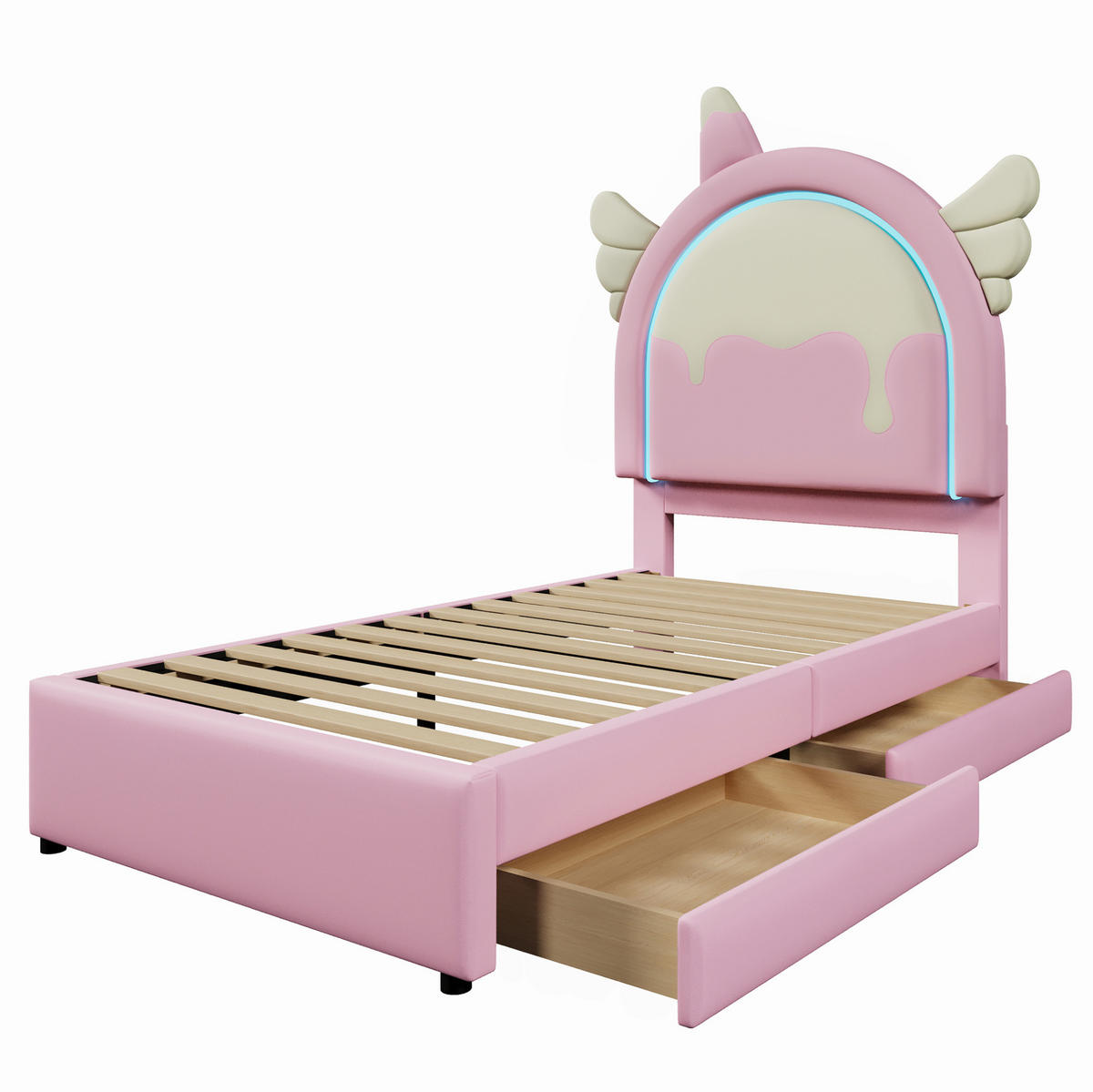 POLSTERBETT Einhornform 90/200 cm, Pink, mit Leuchtleiste, 2 Schubladen, ohne Matratze - Pink, Kunststoff (90/200cm) - MIVRAY