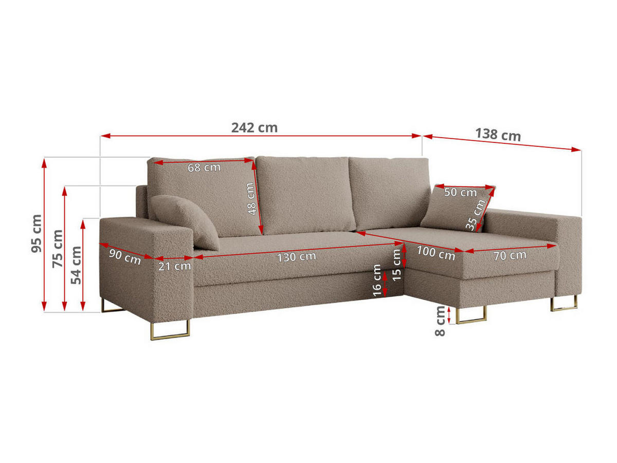 ECKSOFA Dorian Boucle Hellbraun - Hellbraun/Goldfarben, Textil/Metall (242/138cm) - MKS