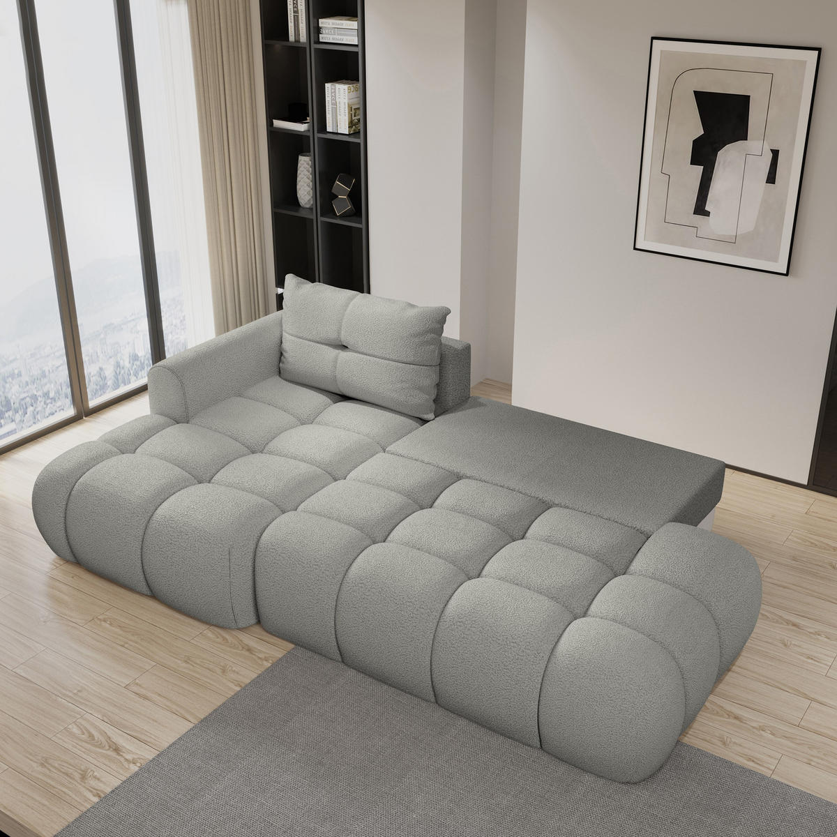 ECKSOFA FLUMA L-S Hellgrau Boucle-Stoff mit Schlaffunktion - Hellgrau, Holz (274/165cm) - MASSENO