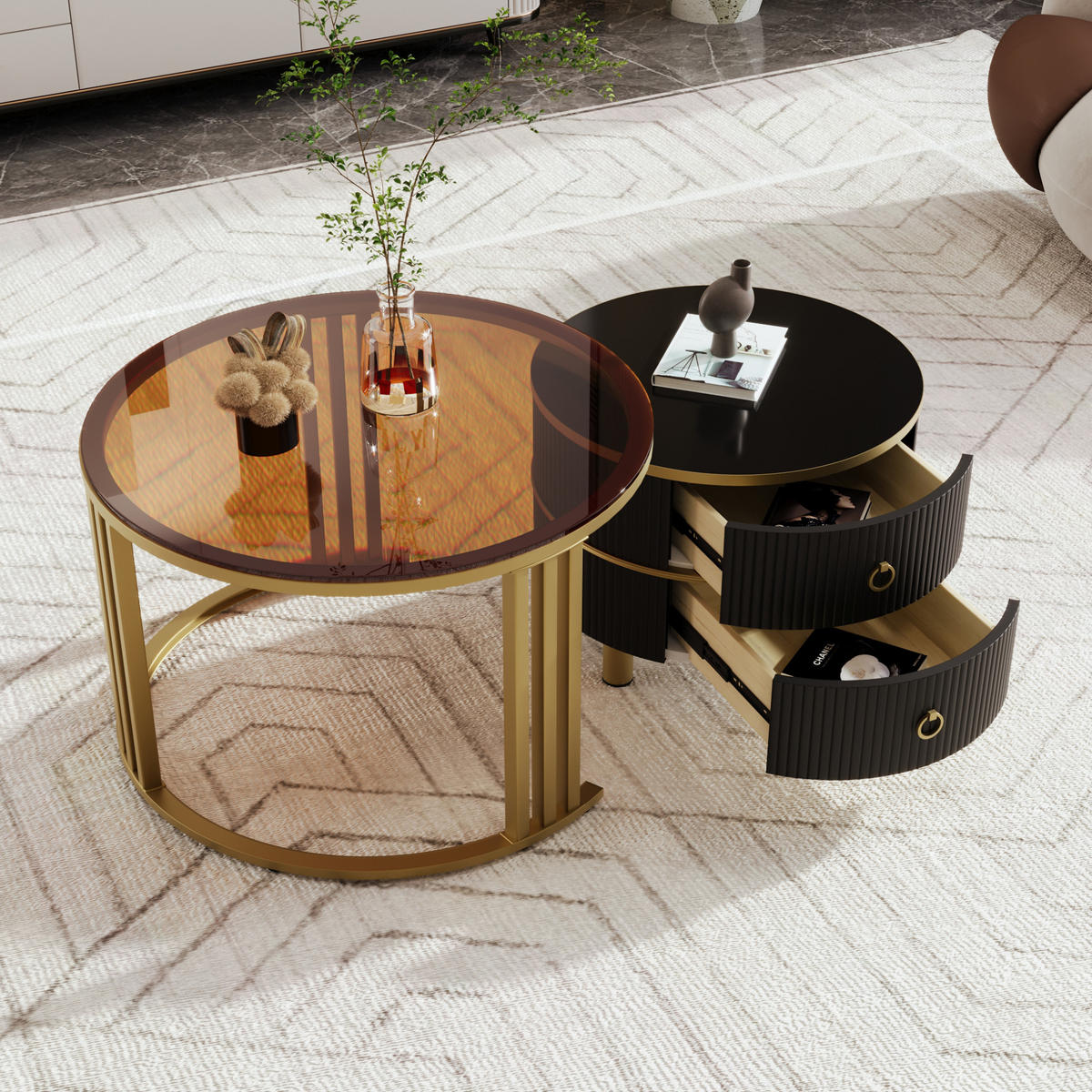 COUCHTISCH 2er-Set rund 70/50 cm mit 2 Schubladen Schwarz - Schwarz, Holz (70/70/45cm) - Meubliv