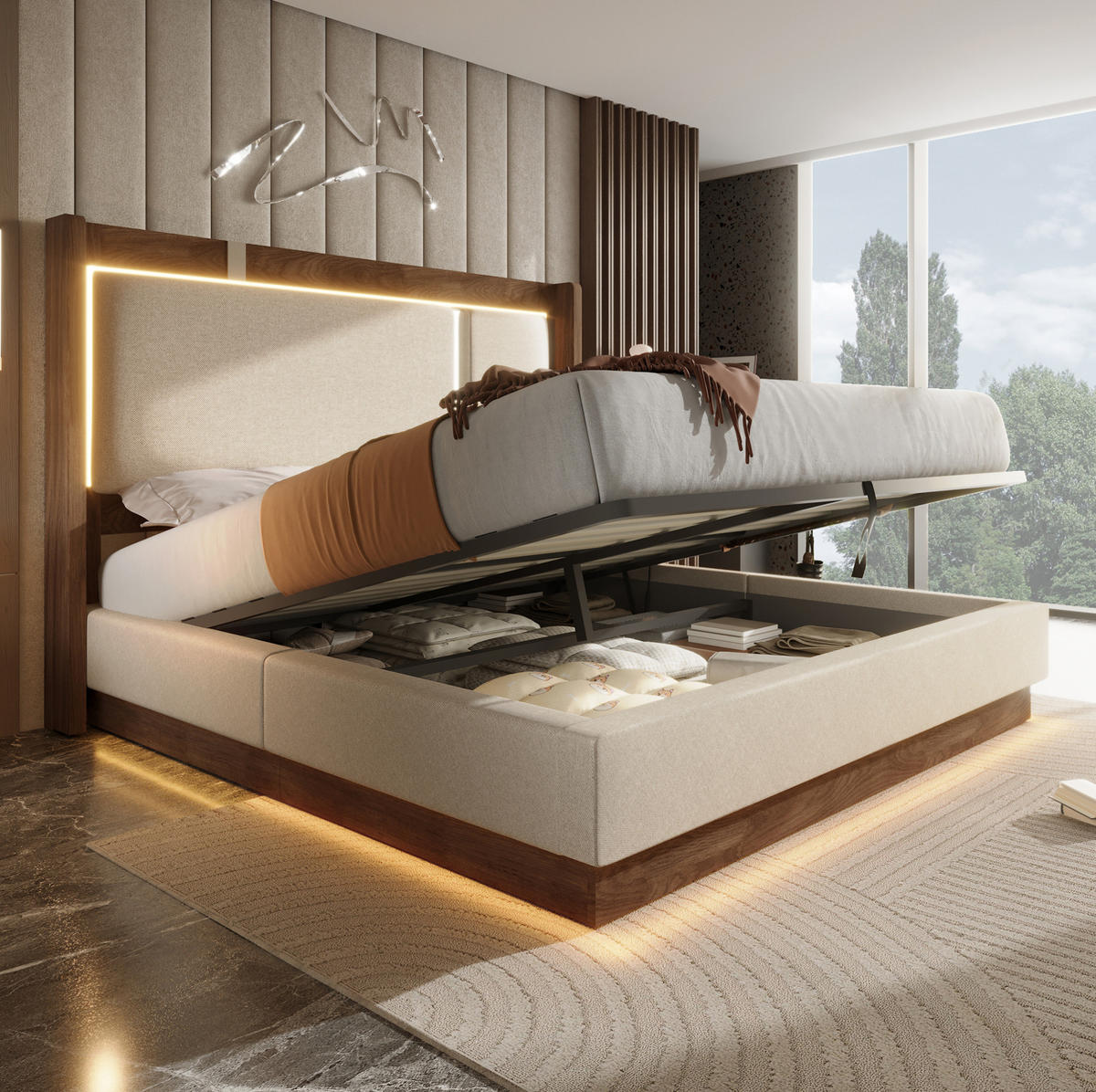 POLSTERBETT 140/190 cm aus Leinen und Holz mit LED und Bettkasten Beige - Beige, Textil (140/190cm) - Modenvie