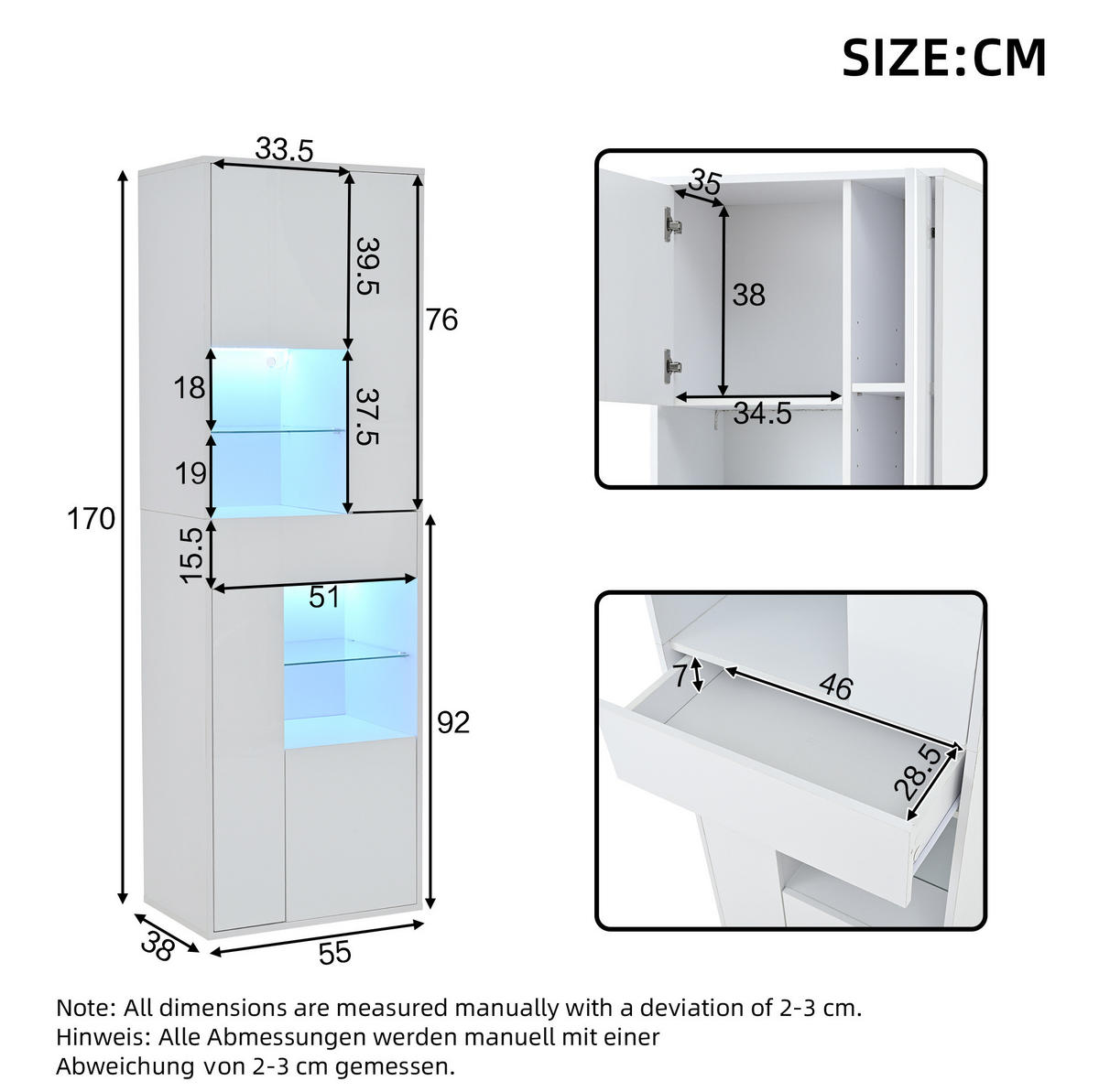 VITRINE aus Spanplatte 55x38x170 cm Weiß mit LED-Beleuchtung, Hochglanzfront, 1 Schublade und 11 Ablagebereichen - Weiß, Holzwerkstoff (55/170/38cm) - Modfu