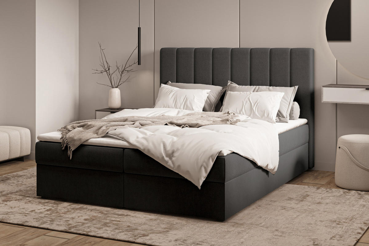 BOXBETT 01 140 x 200 cm - Manila – Stilvoll und bequem Mit Bettkasten, PU-Topper, Federmechanismus, waschbarer Bezug - Schwarz, Holz (140/200cm) - ROYAL24_MARKT