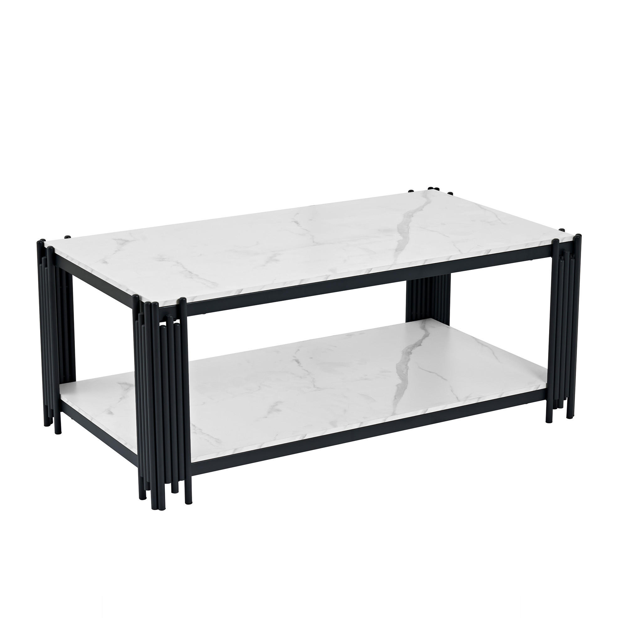 COUCHTISCH mit 2 Ablagen Marmoroptik Weiß-Schwarz - Weiß, Metall (114/64/46cm) - Meubliv