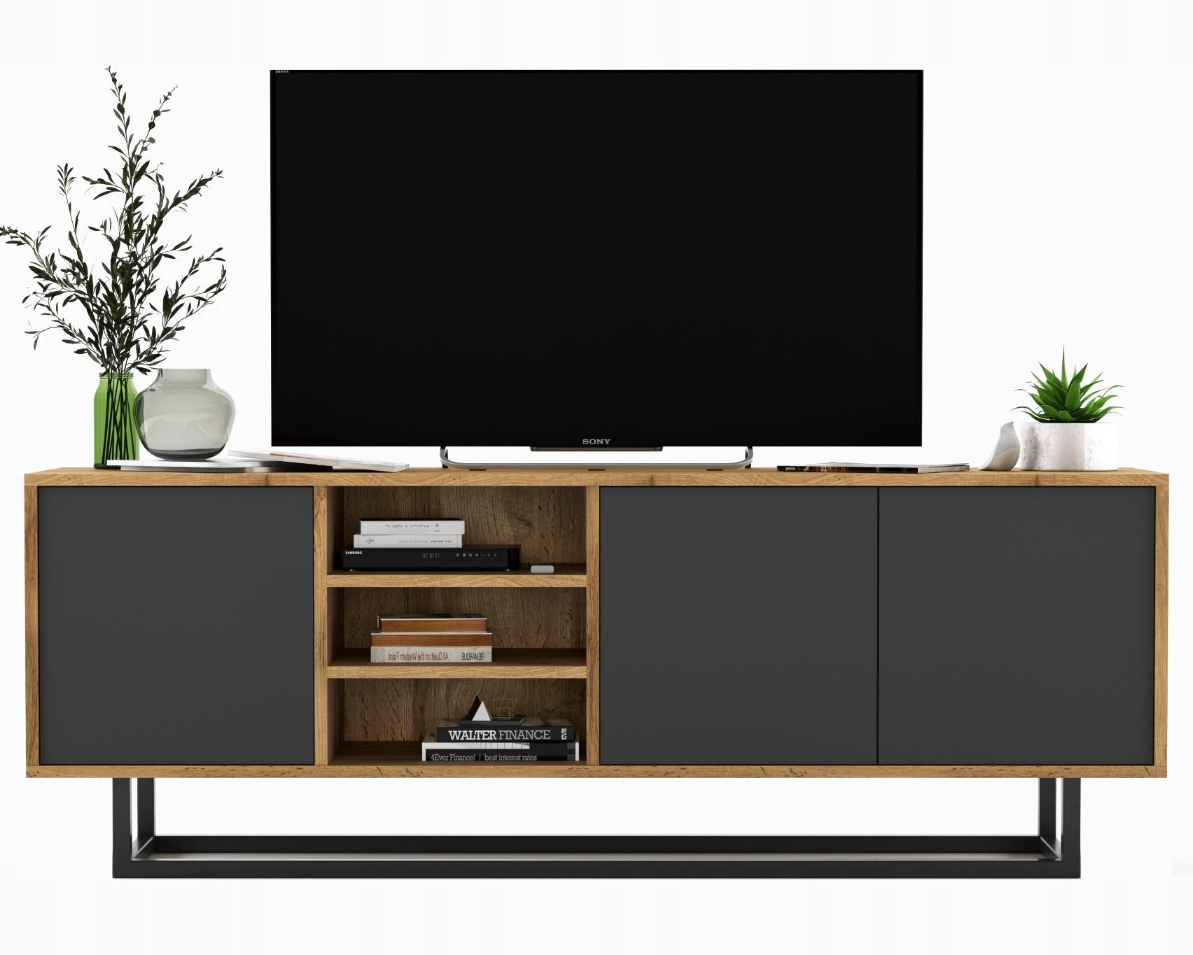 Meble Lindner TV stolek Apollo dub Wotan / grafit matný 150 cm s kovovým rámem