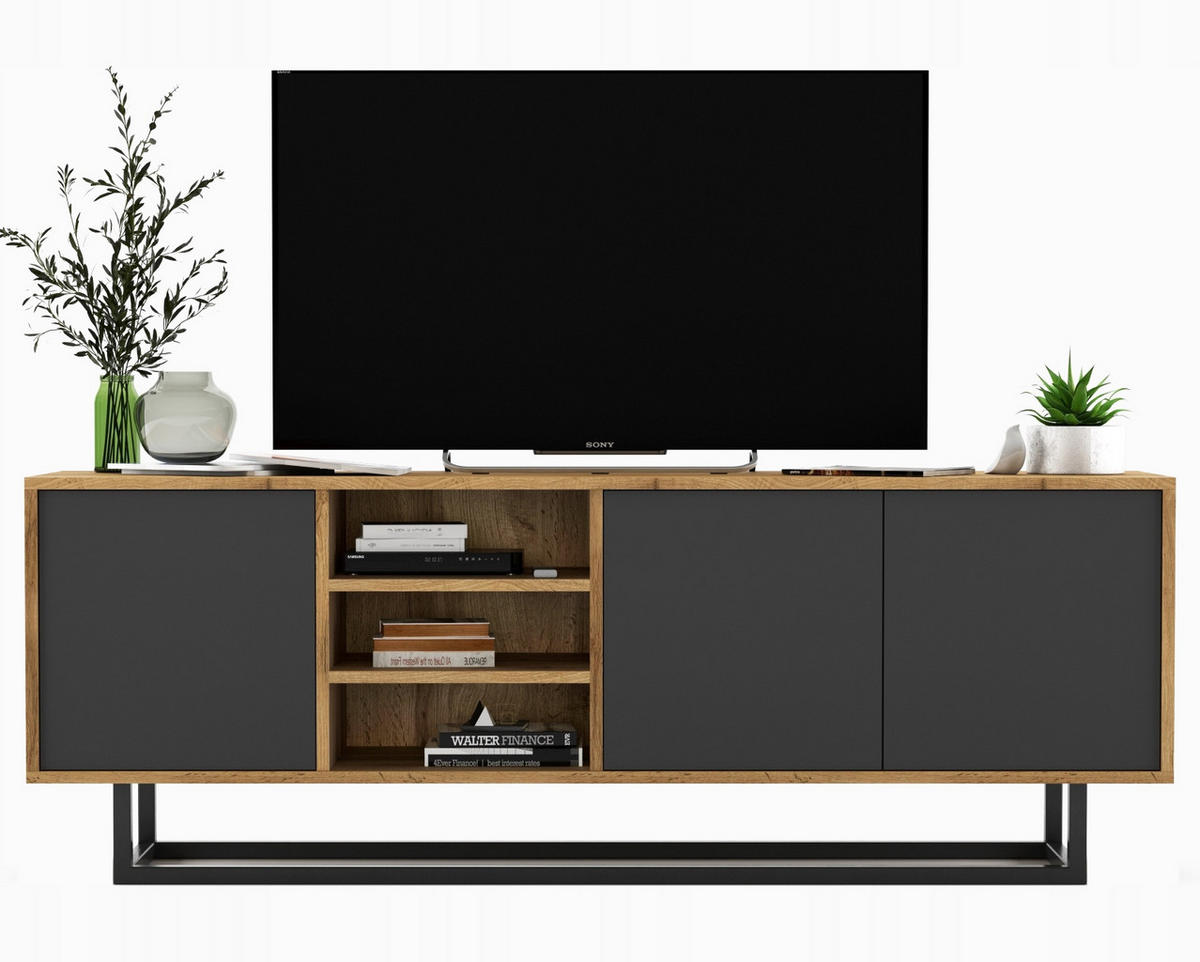 TV-LOWBOARD Apollo Eiche wotan Graphit Matt 150/53/35 cm - Graphitfarben/Schwarz, Holzwerkstoff/Metall (150/53/35cm) - Meble Lindner