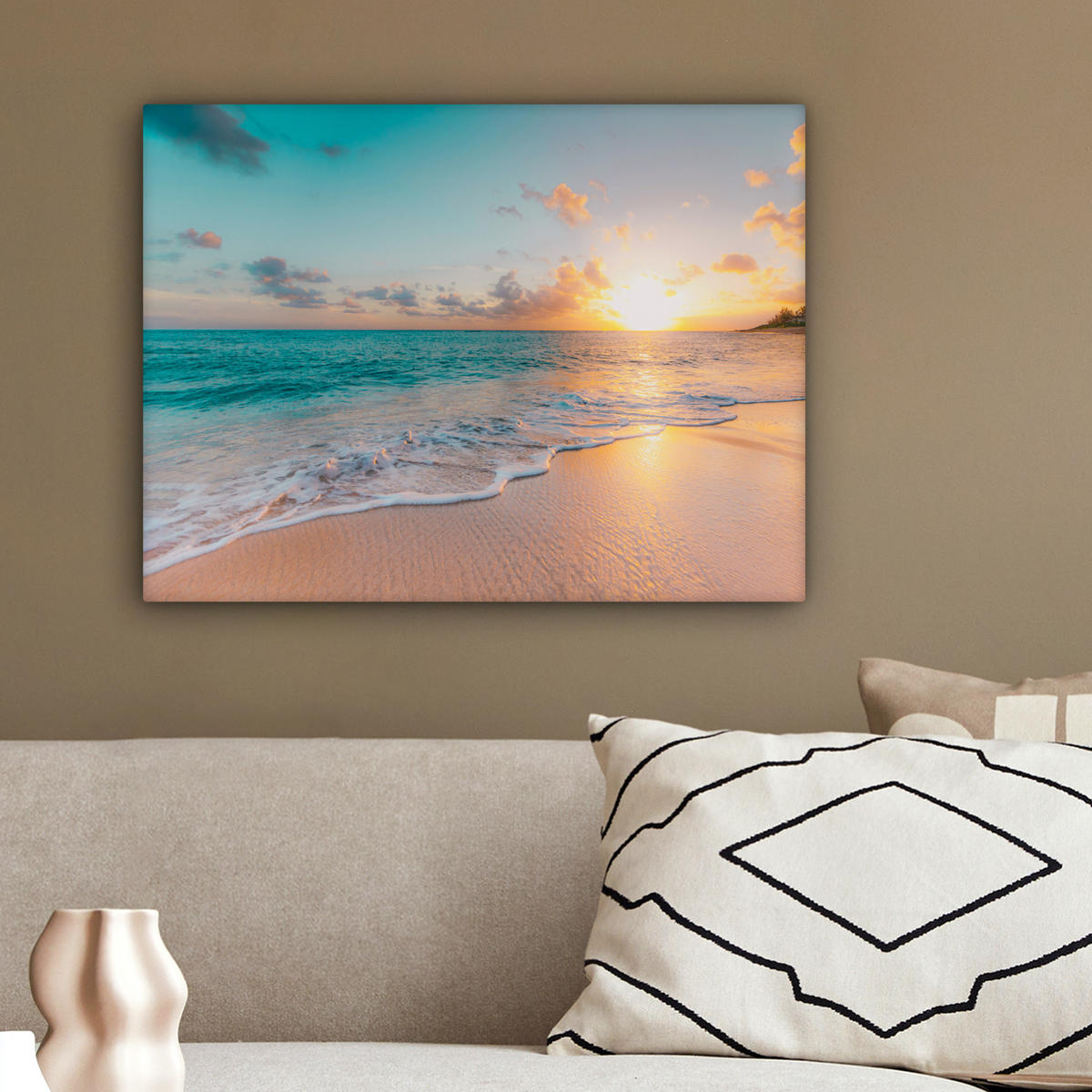 LEINWANDBILD - Sonnenuntergang - Strand - Meer - Sommer - Blau - 40x30 - Wanddeko - Multicolor, Textil (40/30cm) - MuchoWow
