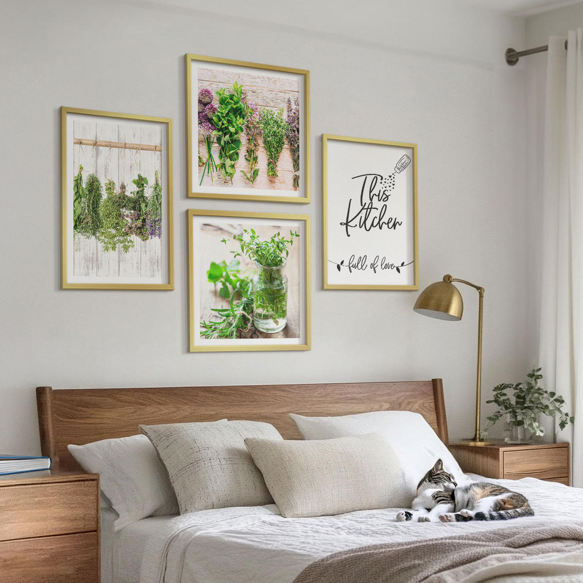 BILDER SET 4er Set - 50x50 cm & 40x60 cm Goldrahmen - Kräuterpflanzen zum Trocknen in der Küche - Goldfarben, Kunststoff (50/50cm) - TULUP