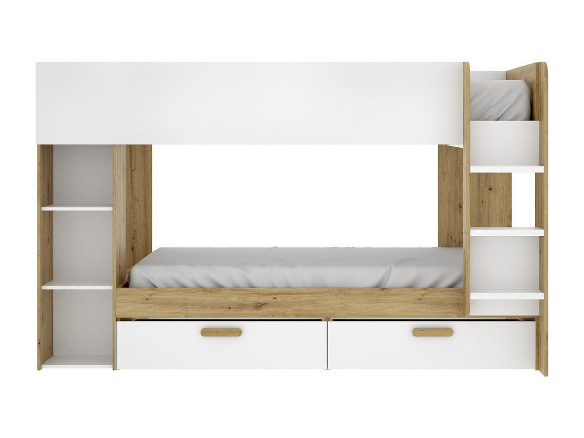 ETAGENBETT 2 x 90 x 200 cm mit Stauraum und Kleiderschrank - Weiß und natürlich + Matratze - OSANA - Naturfarben, Holz - Vente-Unique