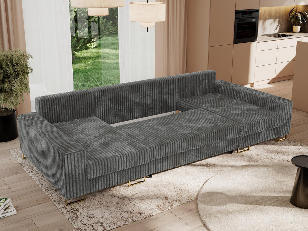 WOHNLANDSCHAFT DORIAN U Cord Dunkelgrau - Dunkelgrau/Goldfarben, Textil/Metall (312/95/138cm) - MKS