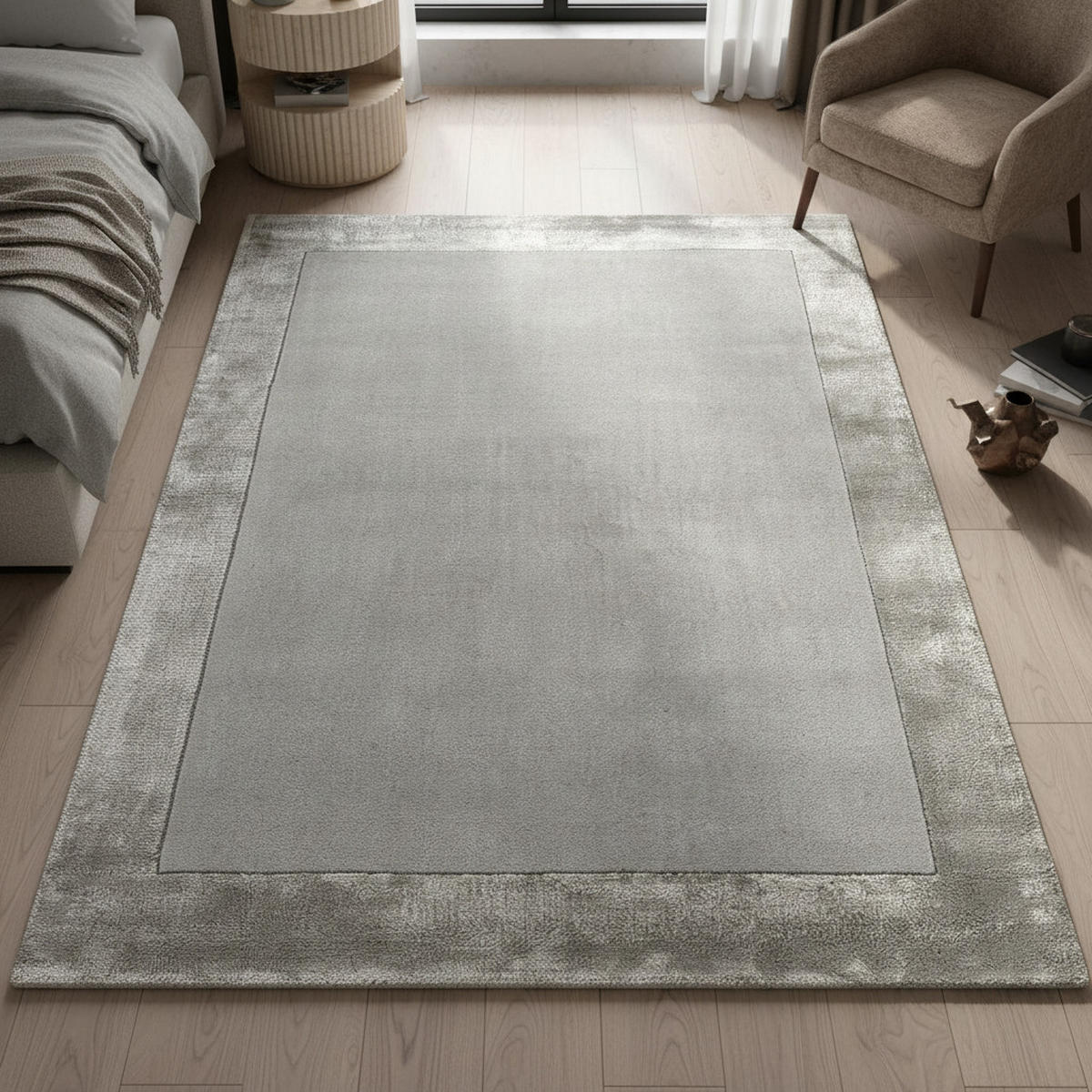 TEPPICH Wolle handgewebt einfarbig mit Viskosebordüre TYNE, Silber 200x290 cm - Silberfarben, Textil (200/290cm) - KADIMA DESIGN