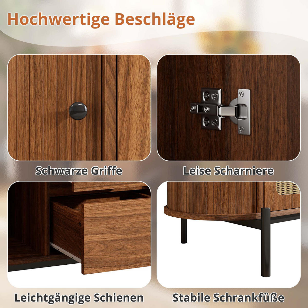 SIDEBOARD in Holzoptik Ovaler Aufbewahrungsschrank mit verstellbare Einlegeböden und Schiebetüren, B140/T38/H77,5(cm) - Schwarz/Braun, Holzwerkstoff/Metall (140/77.5/38cm) - STILVORA