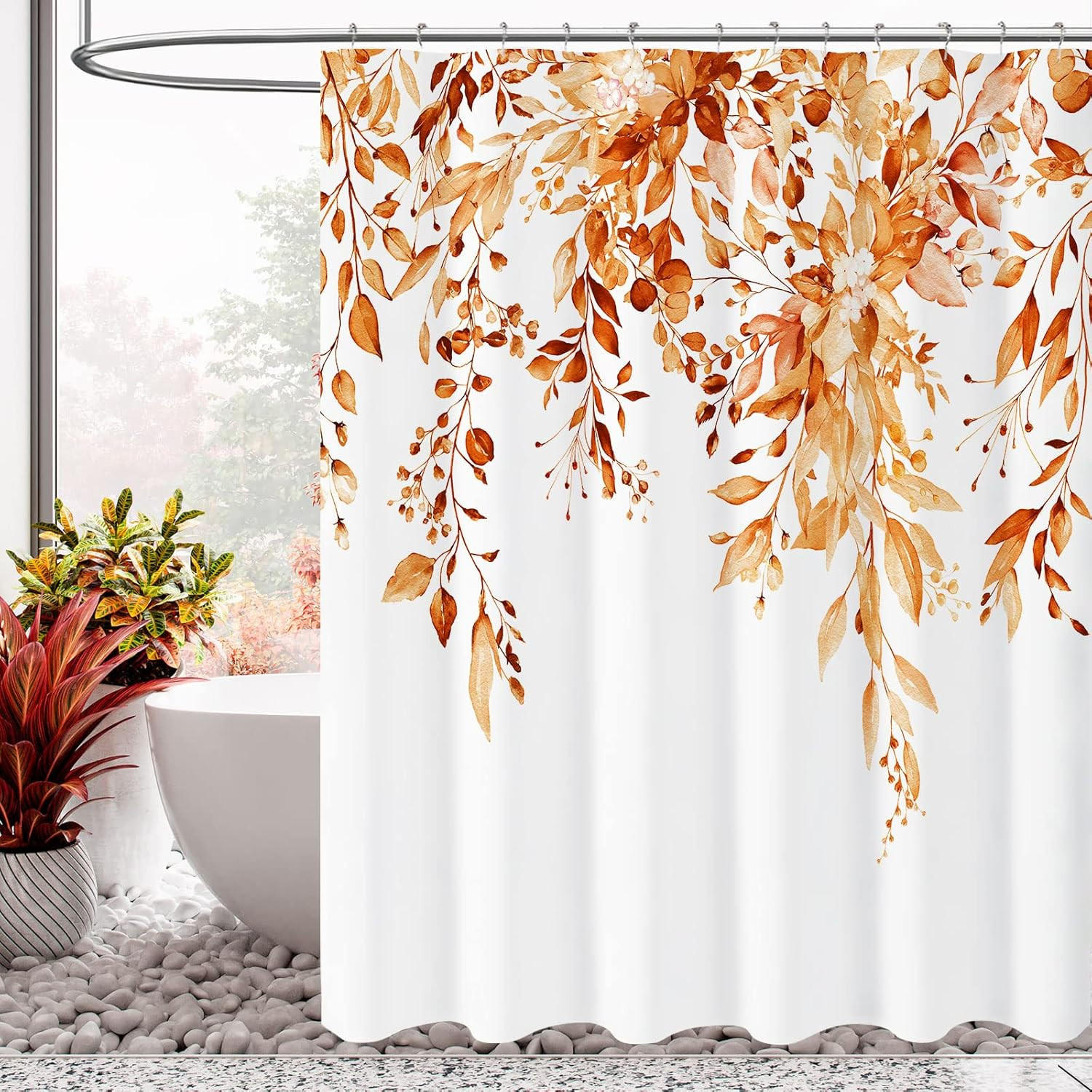 DUSCHVORHANG Braun Aquarell Blätter Blumen Pflanzen Muster wasserdicht Dekoration Badezimmer mit Haken - Orange, Textil (180/200cm) - MCBOSON