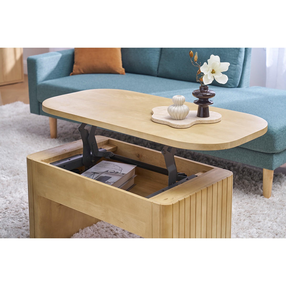 COUCHTISCH Rechteckig Mangoholz Hubfunktion L100 LATIGO - Eiche Bianco, Holz (100/50/45cm) - Miliboo