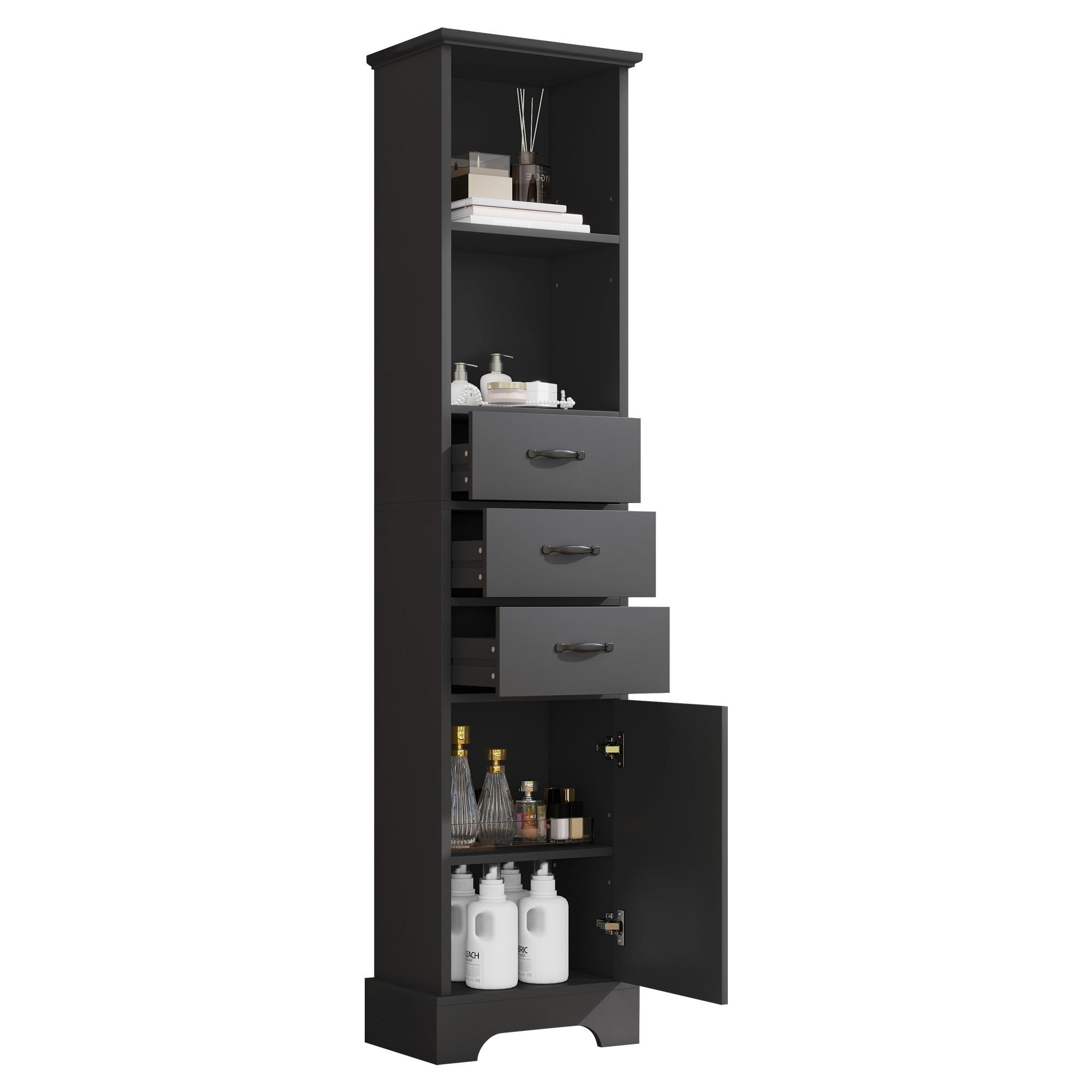 SEITENSCHRANK Moderner Badezimmerschrank mit Schubladen, offenen Fächern, verstellbaren Böden - Schwarz, Holzwerkstoff (38/172.5/26cm) - EVRYAE