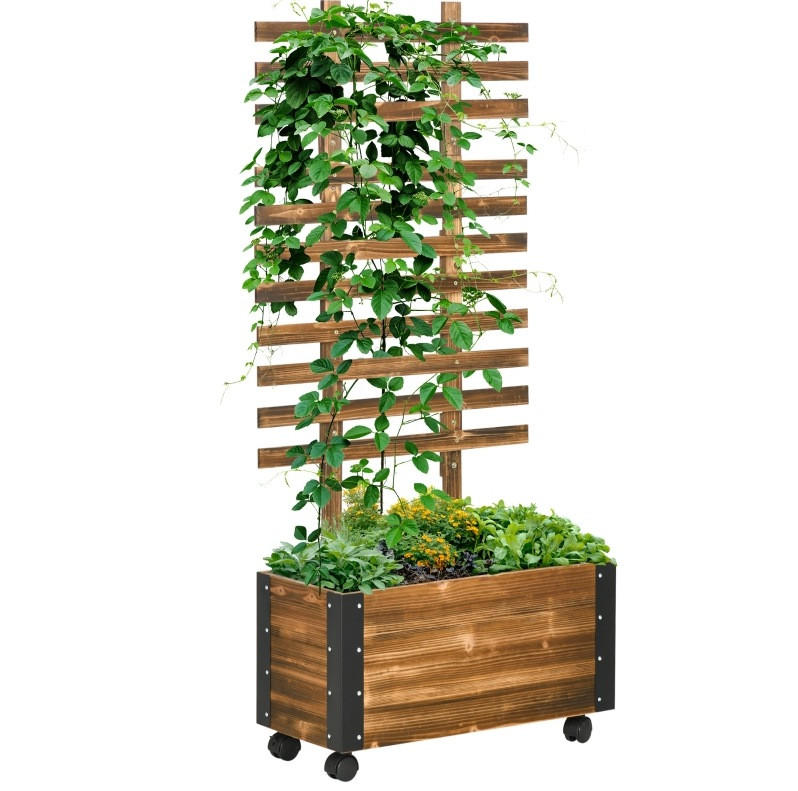 BLUMENKASTEN aus Massivholz 65x31x147 cm in Braun mit Rankhilfe & 4 Rollen - Braun, Holz (31/147/65cm) - Modfu