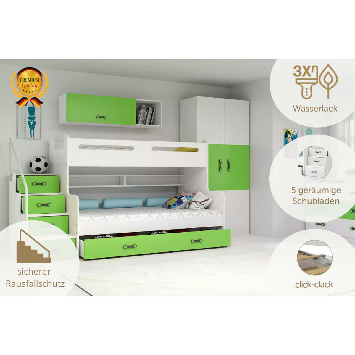 ETAGENBETT Max 3 200x80cm / 200x120cm mit Schublade und Lattenrost - Weiß/Grün, Holzwerkstoff (120/200cm) - Interbeds