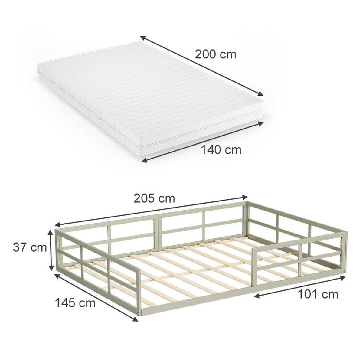 BODENBETT AUS METALL Minno Greige 140x200 mit Matratze - Greige, Metall - VitaliSpa