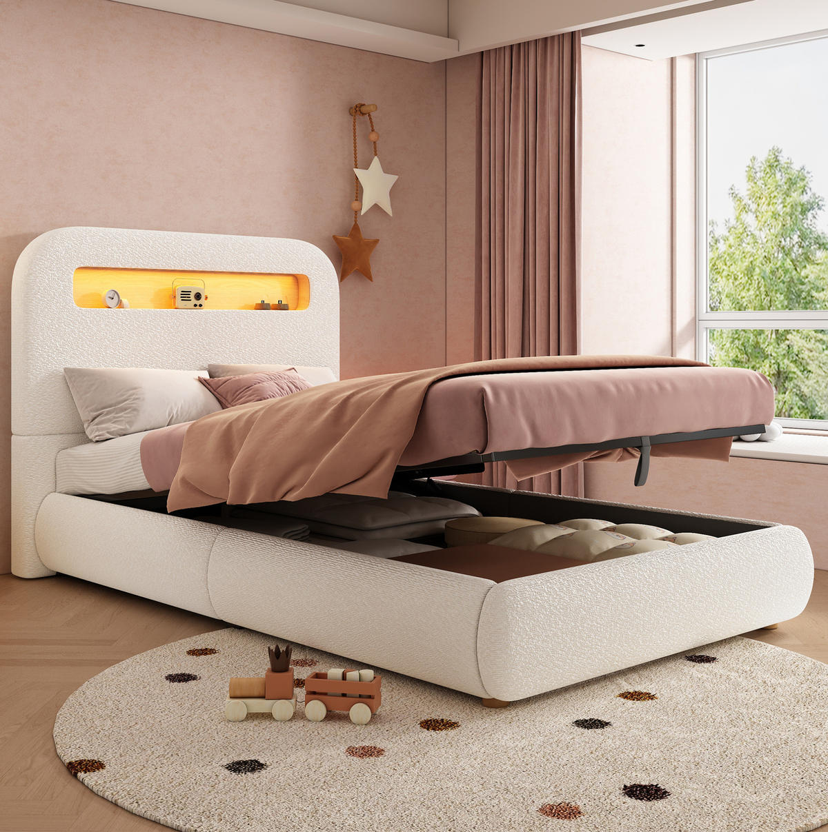 POLSTERBETT 90/200 cm Weiß aus Bouclé mit Stauraum und LED-Beleuchtung - Weiß, Textil (90/200cm) - OKMYHOME