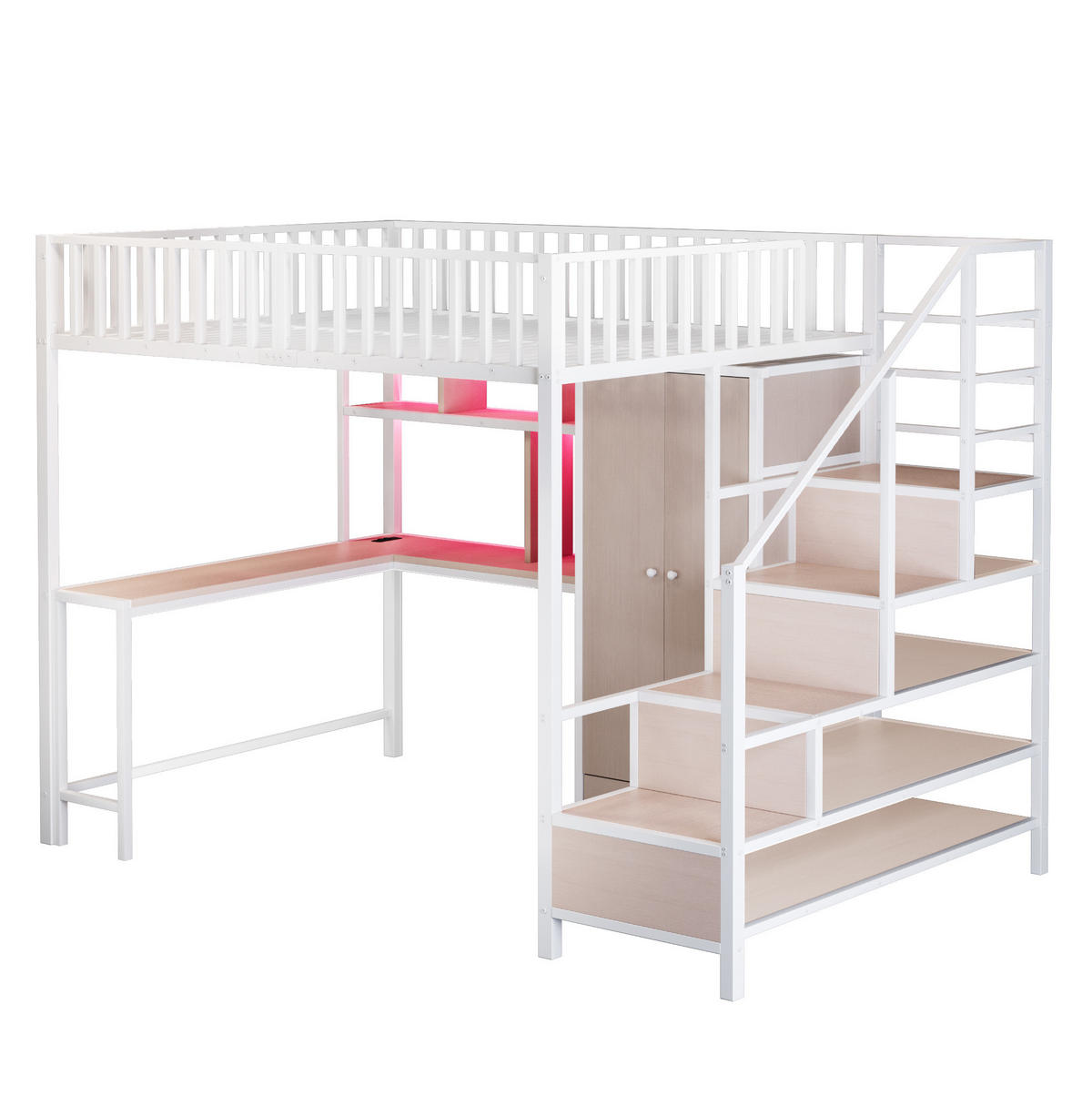 HOCHBETT 140/200 cm Weiß mit Schreibtisch, LED und USB - Weiß, Metall (140/200cm) - MIVRAY