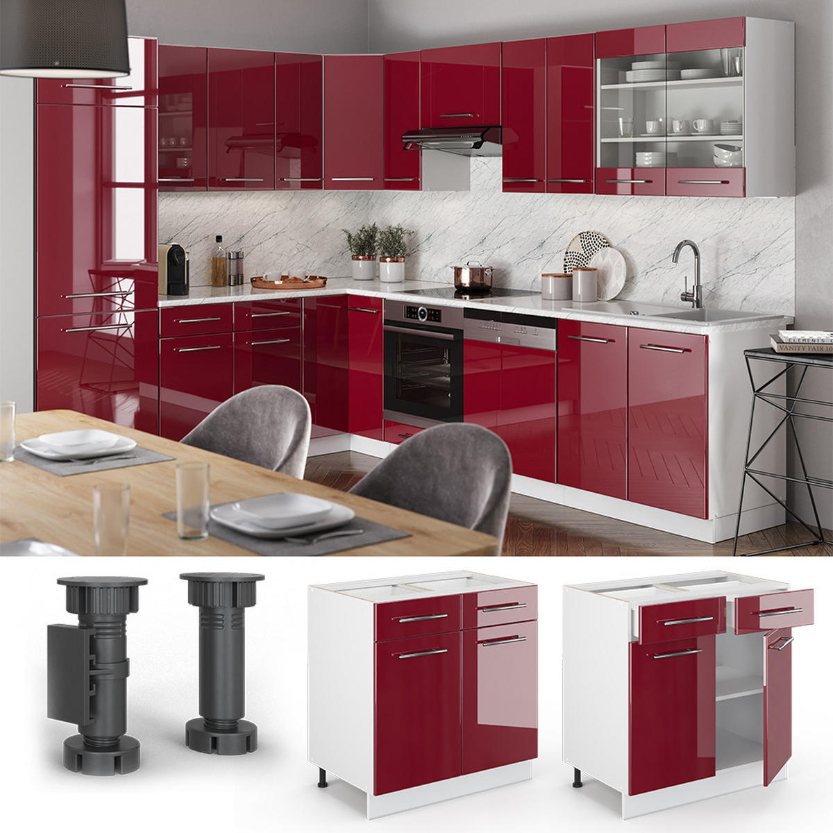 KÜCHENUNTERSCHRANK Fame-Line Bordeaux Hochglanz 80 cm, AP Marmor - Bordeaux/Weiß, Holzwerkstoff (80/82/60cm) - Vicco