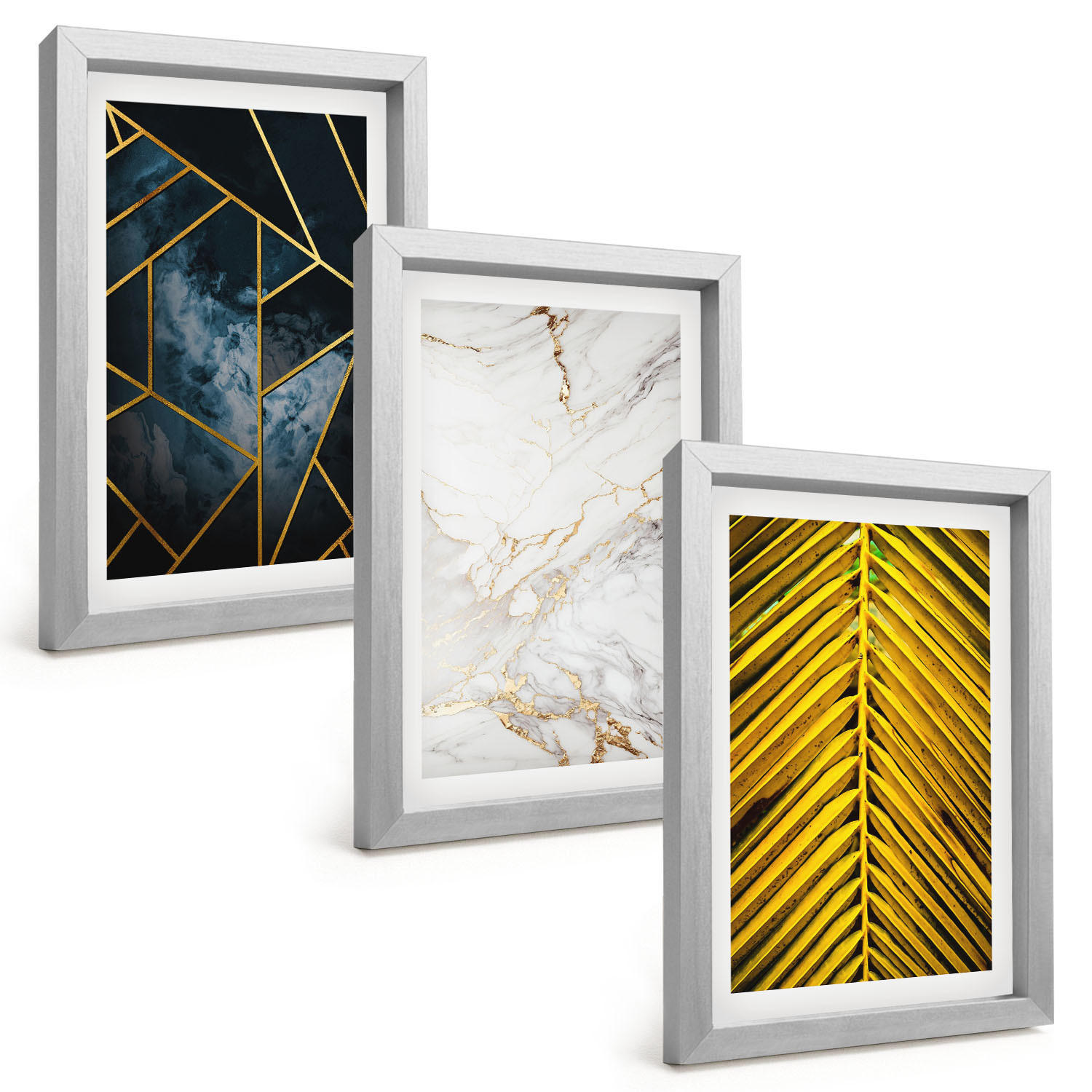 BILDER SET 3er Set - 20x30 cm Silberner Rahmen - Geometrische Muster und Vegetation - Silberfarben, Kunststoff (20/30cm) - TULUP