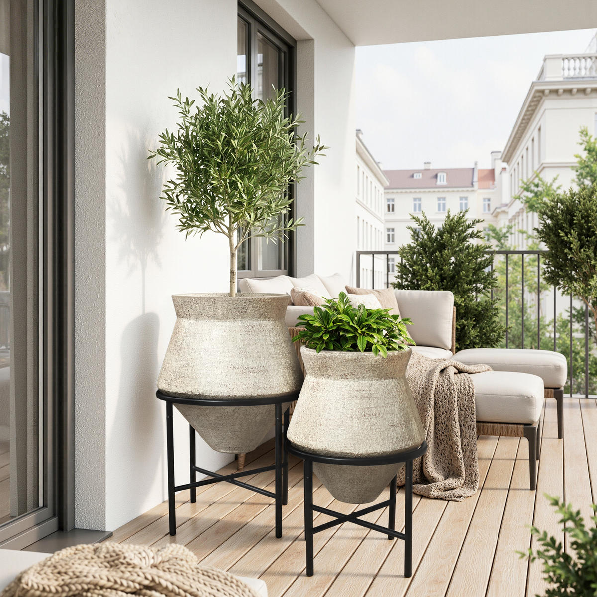 BLUMENTOPF Set 2er aus Eisen, Durchmesser 31& 25cm - Beige, Metall (40/62/40cm) - Hometopia