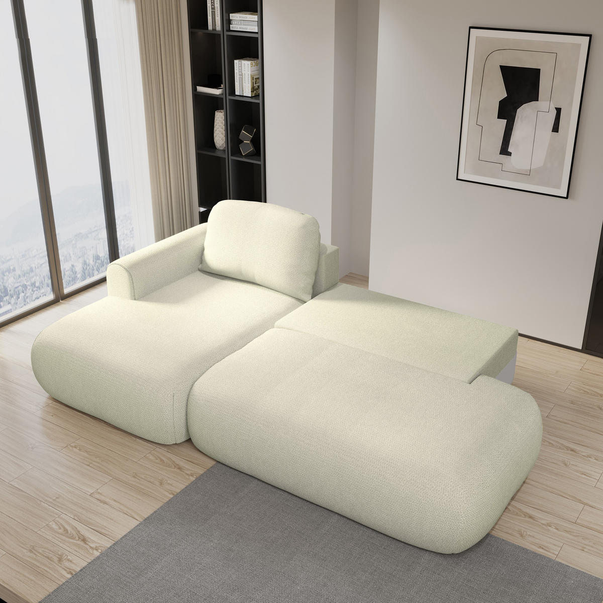 ECKSOFA NUVIRA L-S Creme Geflochtener Stoff mit Schlaffunktion - Creme, Holz (274/165cm) - MASSENO