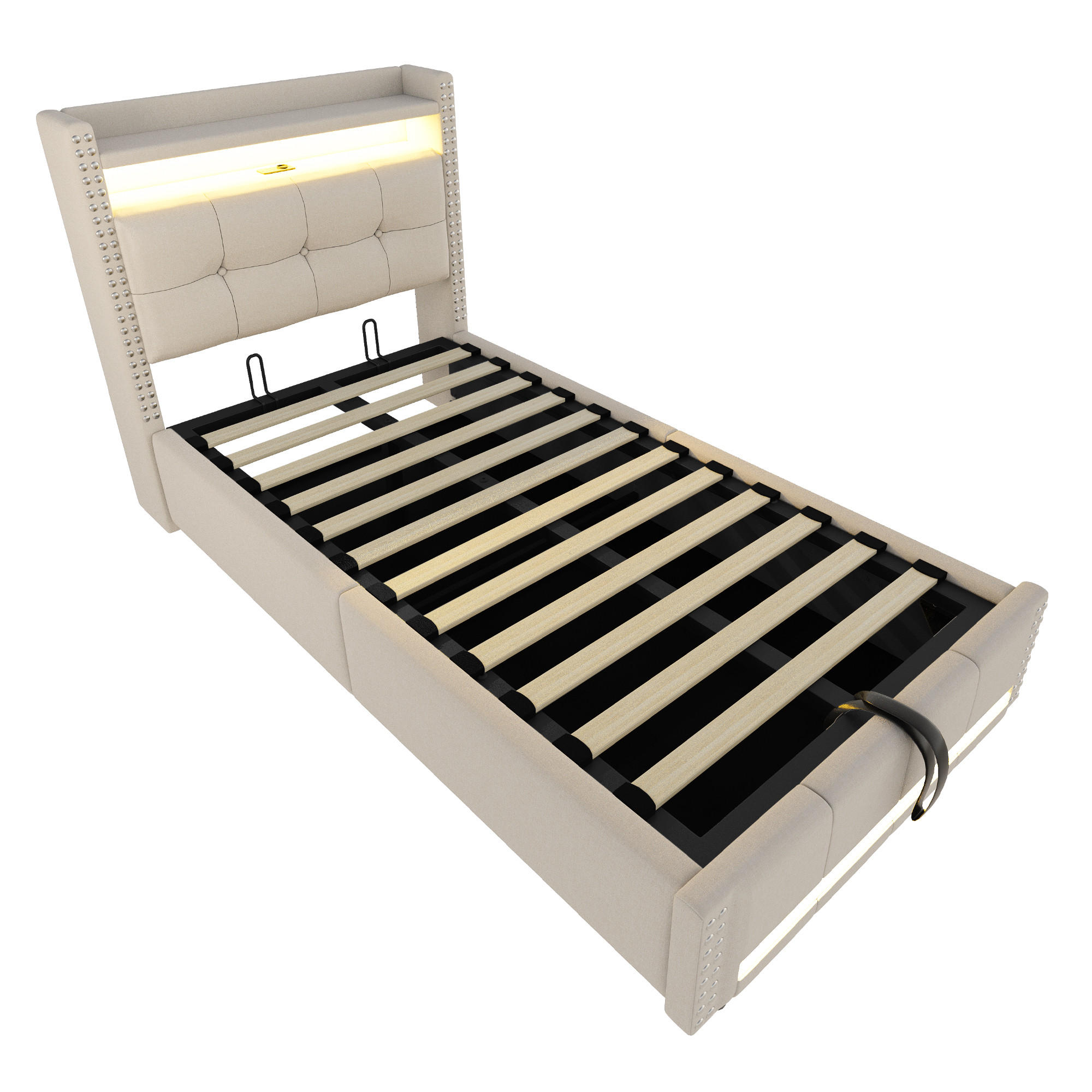 POLSTERBETT aus Leinenstoff 90x200 cm in Beige mit LED, USB & Stauraum - Beige, Textil (90/200cm) - Modfu