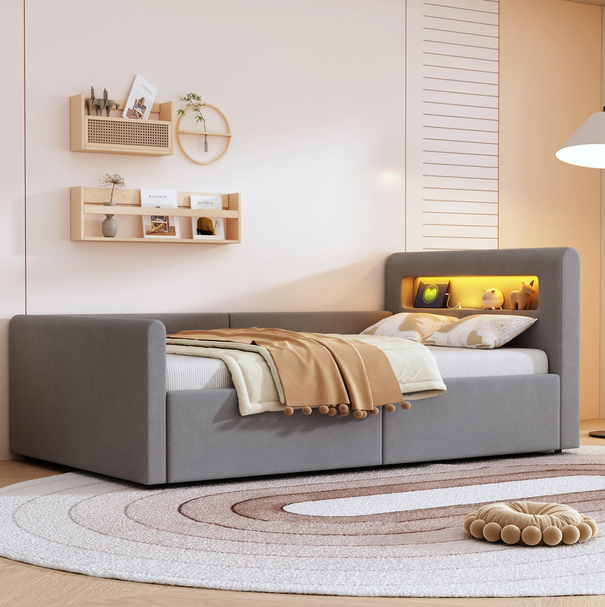 POLSTERBETT Kinderbett 90/200 cm Hellgrau mit LED-Beleuchtung, Nachtlicht und USB-Ladeanschluss - Grau, Textil (90/200cm) - OKWISH