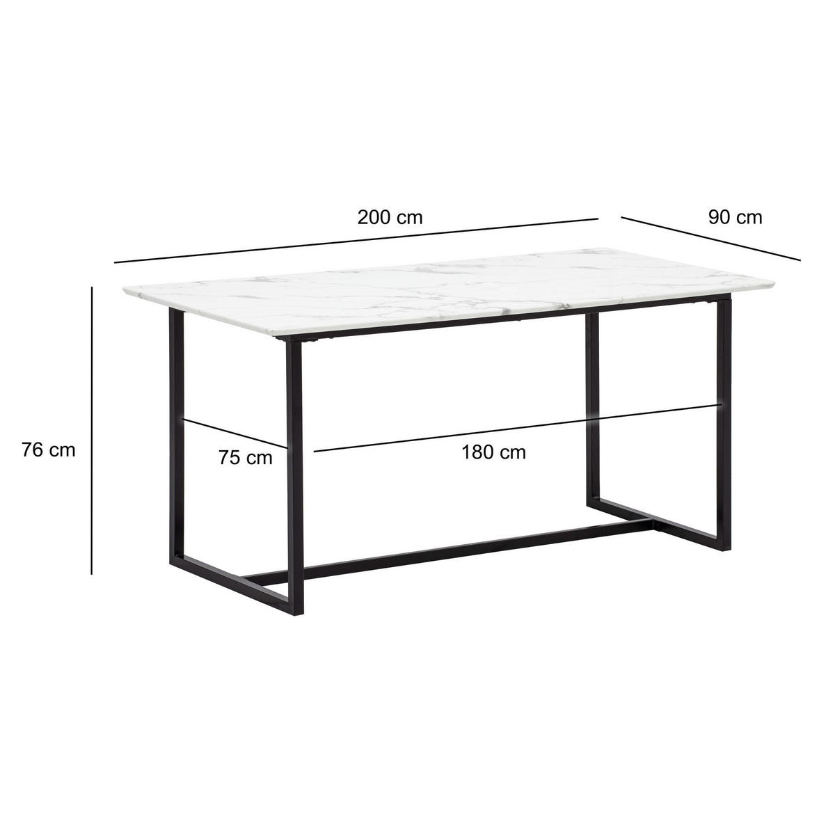 ESSTISCH Marmoroptik Metall Rechteckig Modern Klein, Weiß 200x90x76 cm - Schwarz/Weiß, Holzwerkstoff/Metall (90/200/76cm) - KADIMA DESIGN