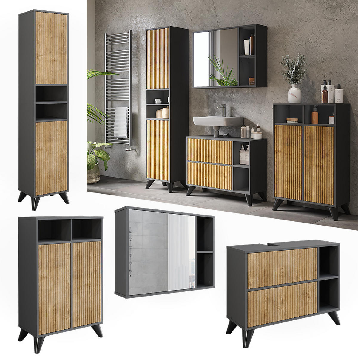 BADMÖBEL-SET Leano Anthrazit/Bergeiche 80 cm, Set 4 - Eichefarben/Anthrazit, Holzwerkstoff (80/62/30cm) - Vicco