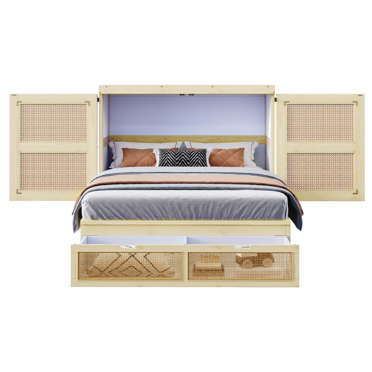 SCHRANKBETT 140/200 cm Natur Schrankbett mit Stauraumschubladen und Rattan-Design - Naturfarben, Holzwerkstoff (140/200cm) - OKWISH