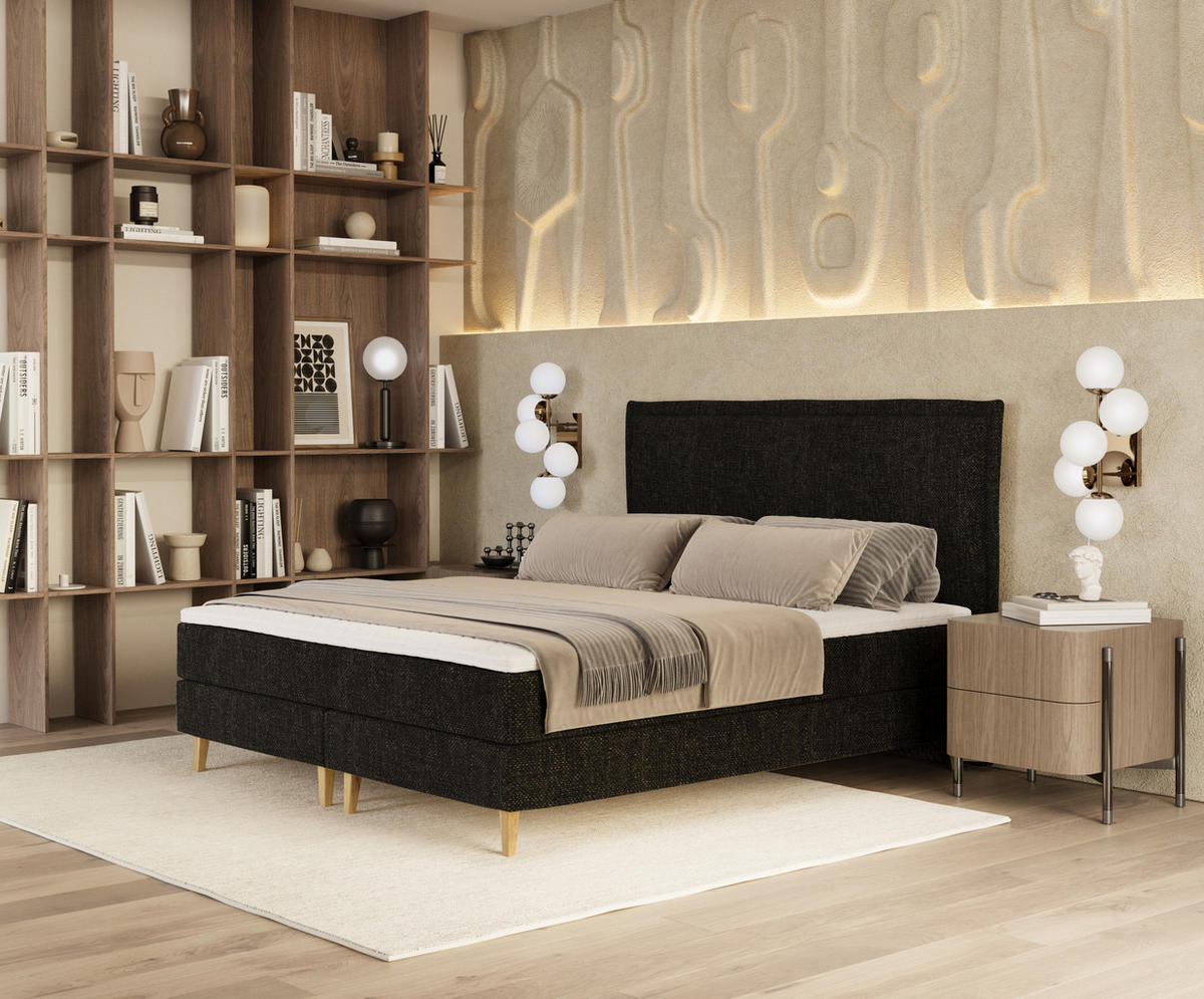 KONTINENTALBETT Calma Schwarz 120/200 cm mit Matratze und Topper - Schwarz/Naturfarben, Holz/Holzwerkstoff (120/200cm) - Maison de Reve