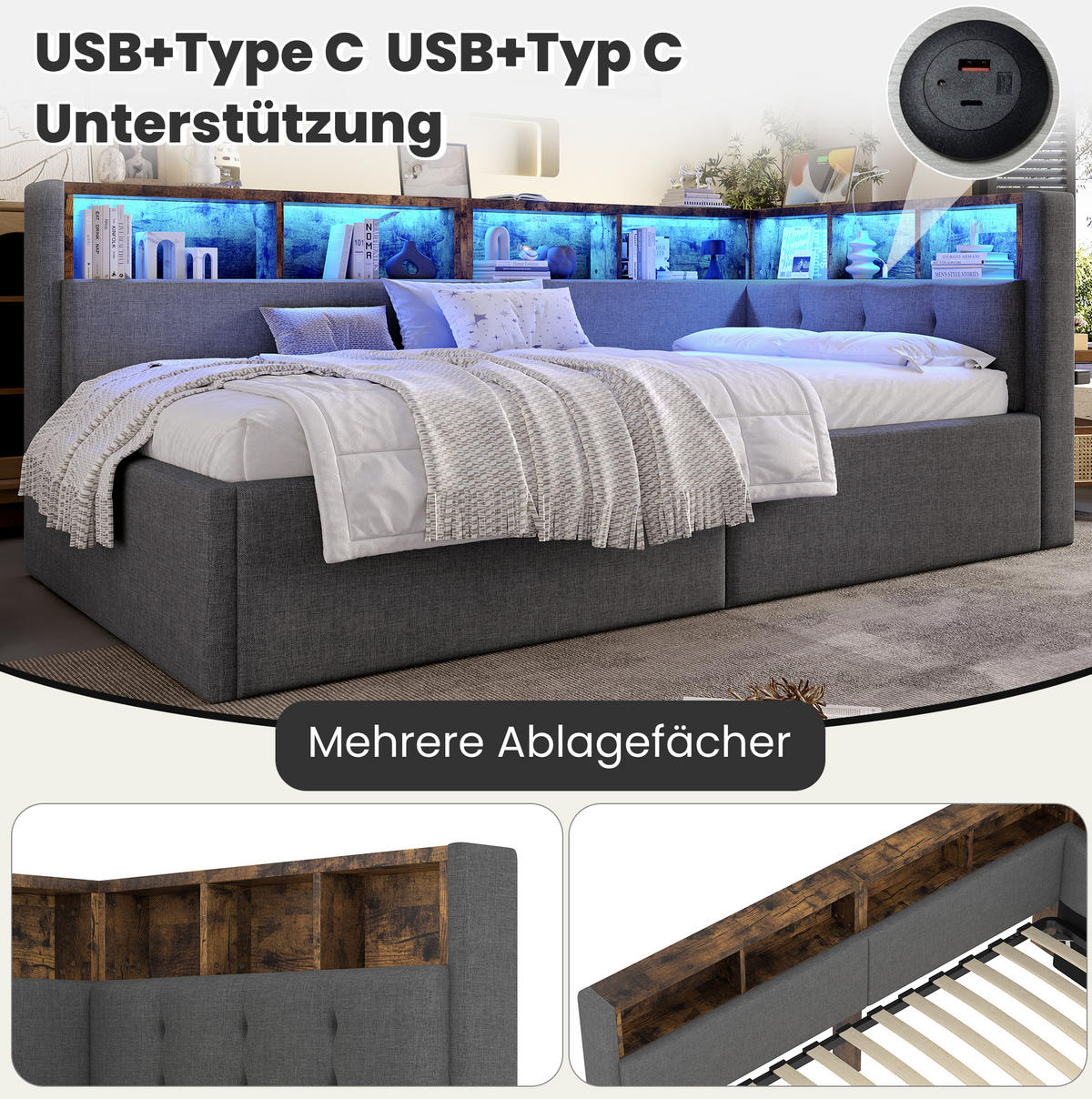 KREVET za jednu osobu 90/200 cm sivi od lana s LED rasvjetom, USB i hidrauličnom pohranom - siva, tekstil (90/200cm) - OKWISH