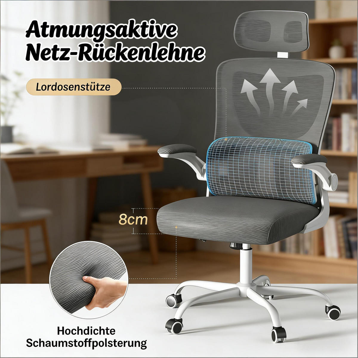 DREHSTUHL mit hoher Rückenlehne und Rollen 62 x 69,5 cm - Grau, Leder (69.5/116/62cm) - Gisaae