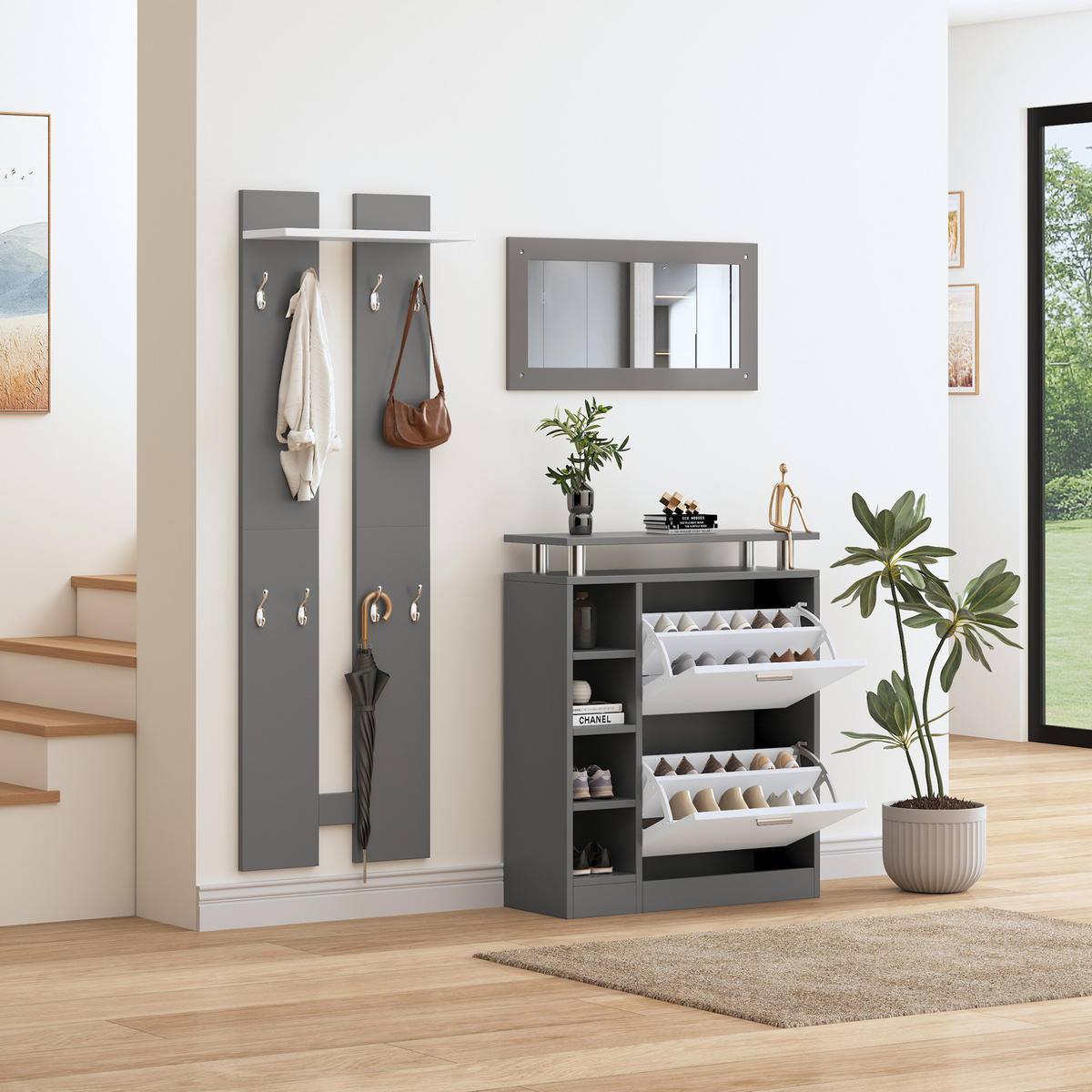 GARDEROBENSET 80/25/96,5 cm aus Spanplatte mit Spiegel und verstellbarem Schuhschrank Grau/Weiß - Weiß, Holzwerkstoff (80/96/25cm) - Modenvie