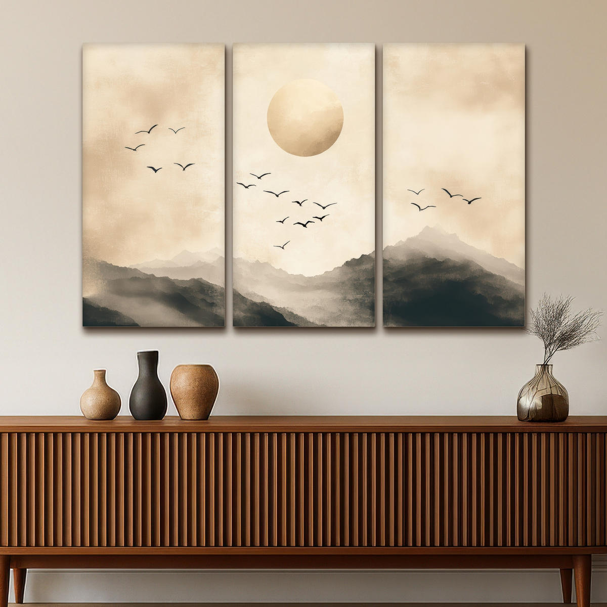 LEINWANDBILD 3er Set Landschaft - Japandi - Beige - Vögel 180x120 cm - Beige, Textil (180/120cm) - MuchoWow