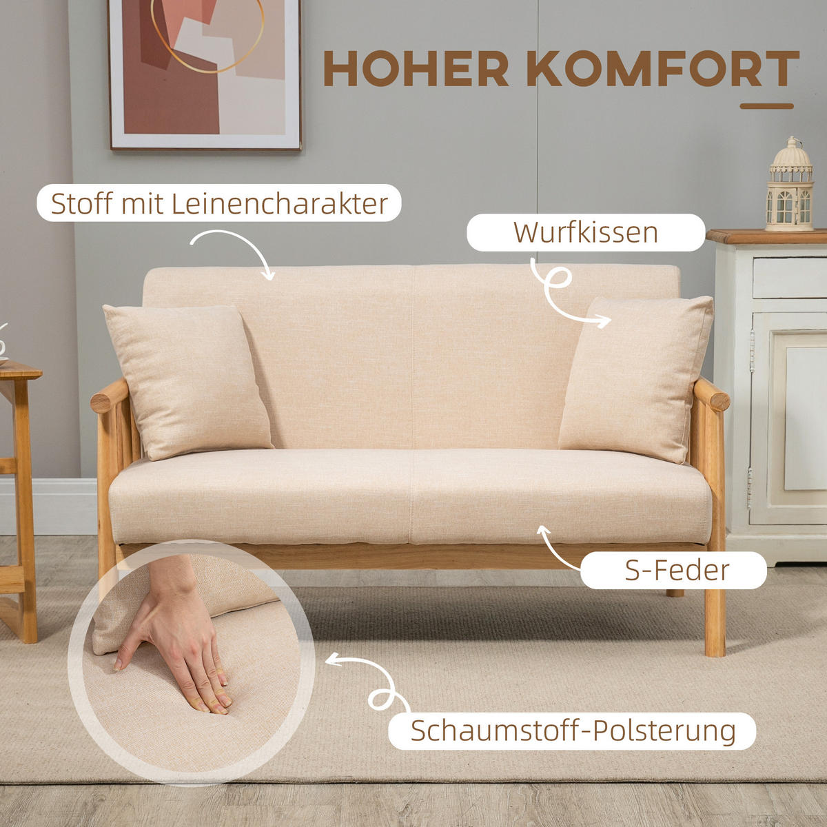 2-SITZER Sofa Stoffbezug Leinenoptik, Massivholzrahmen 123/69/74 cm Beige - Beige, Textil (69/74/123cm) - Redom
