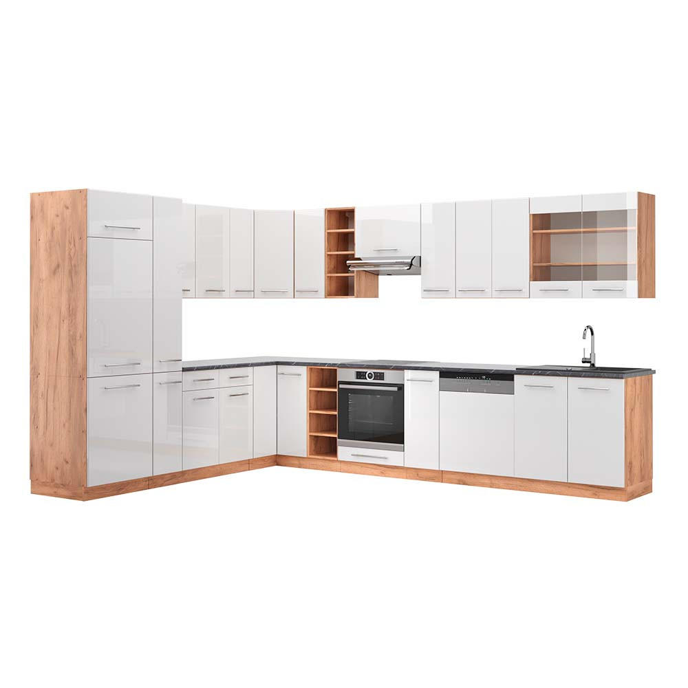 ECKKÜCHE Fame-Line Weiß Hochglanz/Goldkraft Eiche 347 x 257 cm AP Anthrazit - Weiß Hochglanz/Eiche Wotan, Holzwerkstoff (347/81.6/60cm) - Vicco