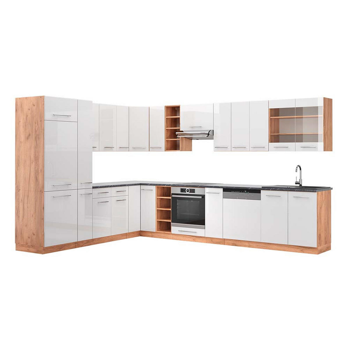 ECKKÜCHE Fame-Line Weiß Hochglanz/Goldkraft Eiche 347 x 257 cm AP Anthrazit - Weiß Hochglanz/Eiche Wotan, Holzwerkstoff (347/81.6/60cm) - Vicco