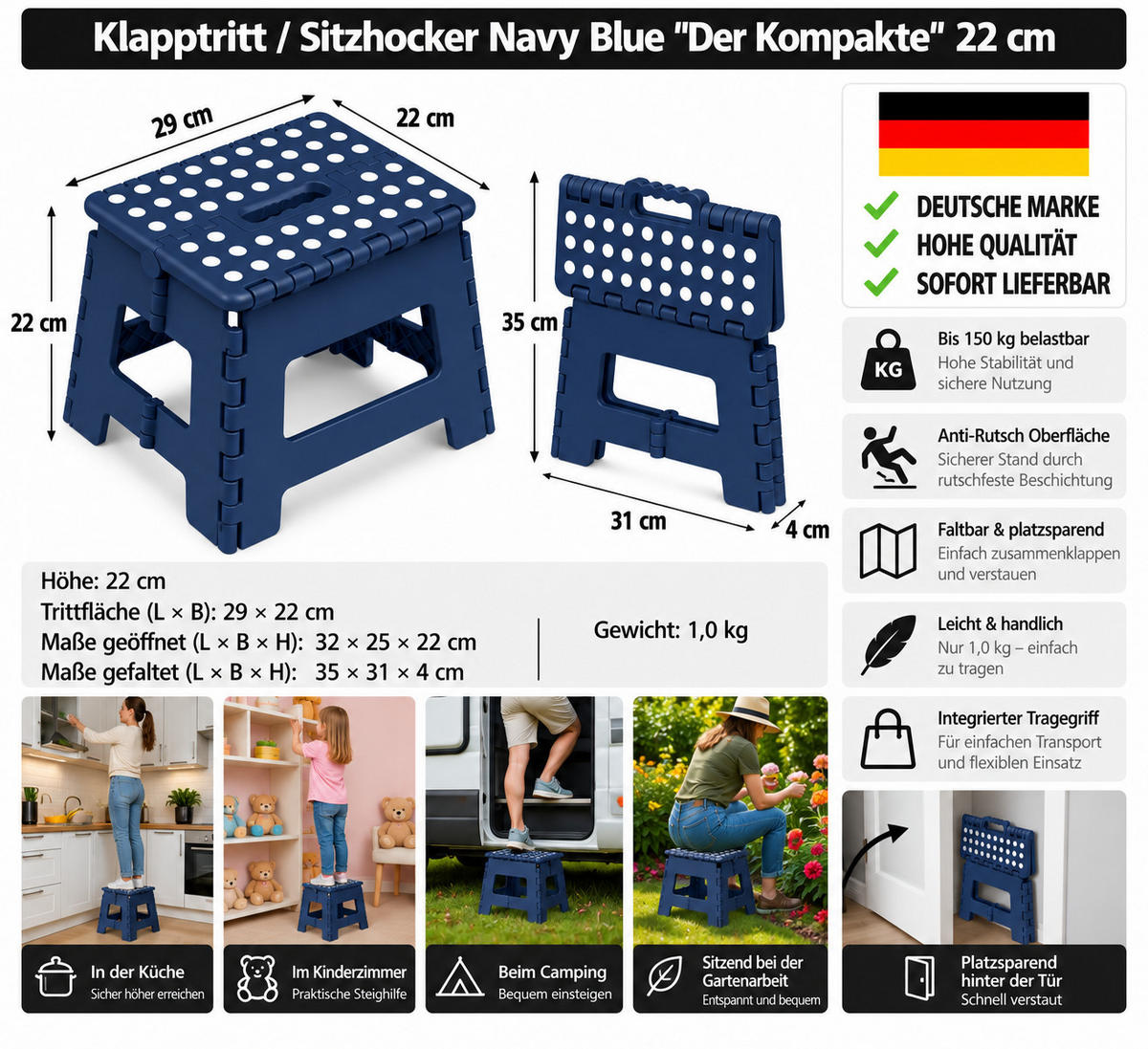 KLAPPHOCKER, Klapptritt 22 cm für Kinder faltbar bis 150 kg Navy Blue - Blau, Paraffin (25/22/32cm)