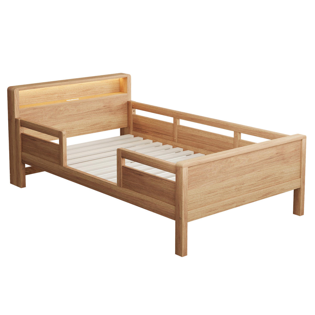 KINDERBETT 90/200 cm mit LED-Leuchte, USB- und Type-C-Anschluss, Kopfteil mit Ablage und Seitengittern, farbe - Naturfarben, Holzwerkstoff (90/200cm) - Redom