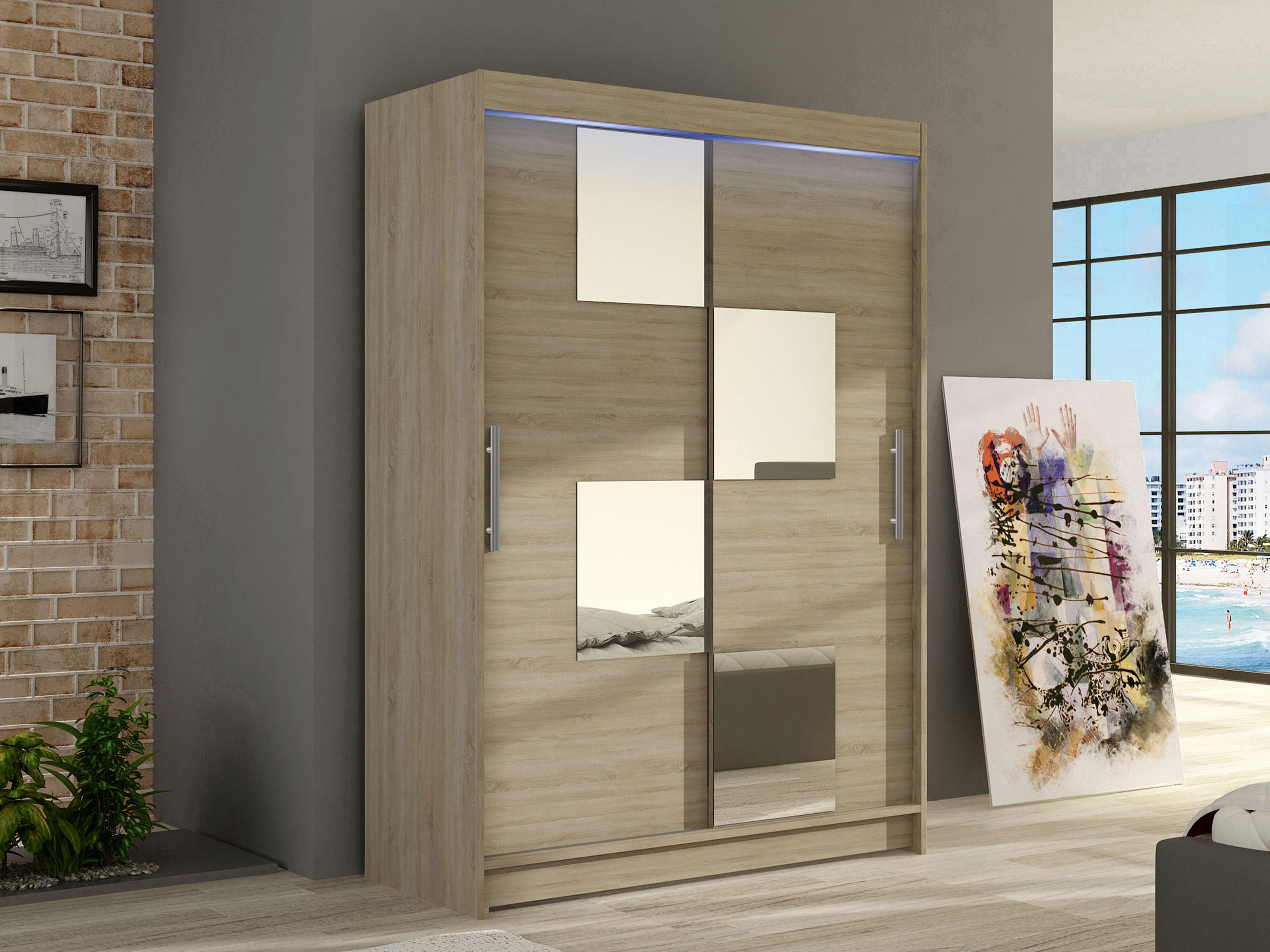 KLEIDERSCHRANK Miami III, mit RGB LED Beleuchtung - Silberfarben/Sonoma Eiche, Holzwerkstoff/Kunststoff (120/200/58cm) - MIRJAN24