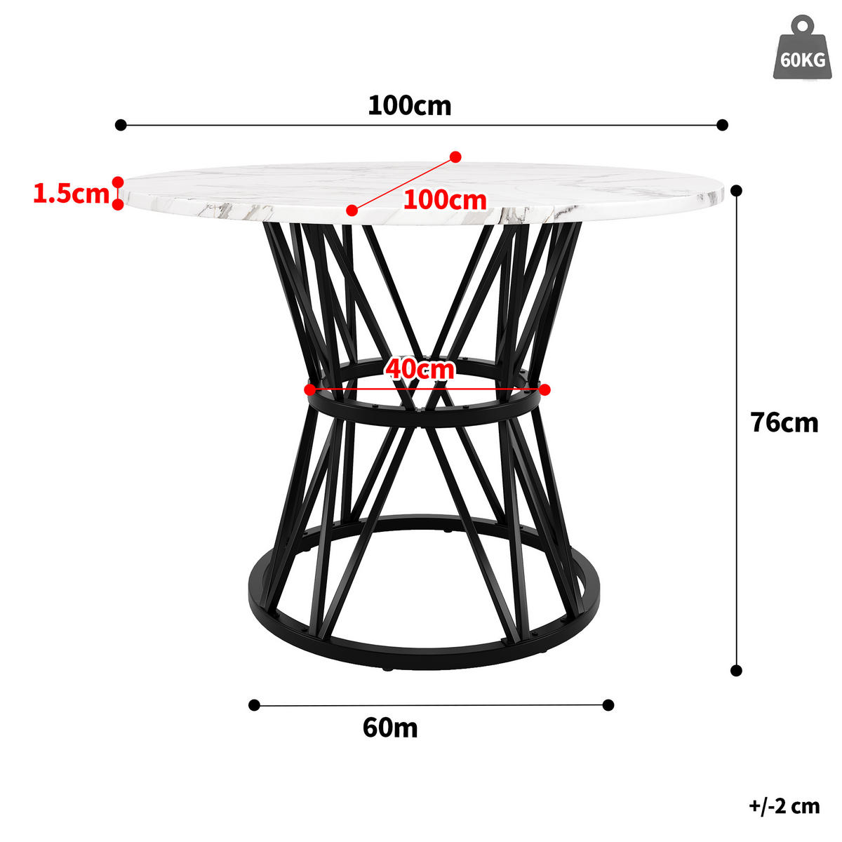 ESSTISCH 100/100/76 cm Schwarz runder Tisch aus MDF in Marmoroptik mit Metallgestell - Schwarz, Holzwerkstoff (100/100/76cm) - OKWISH